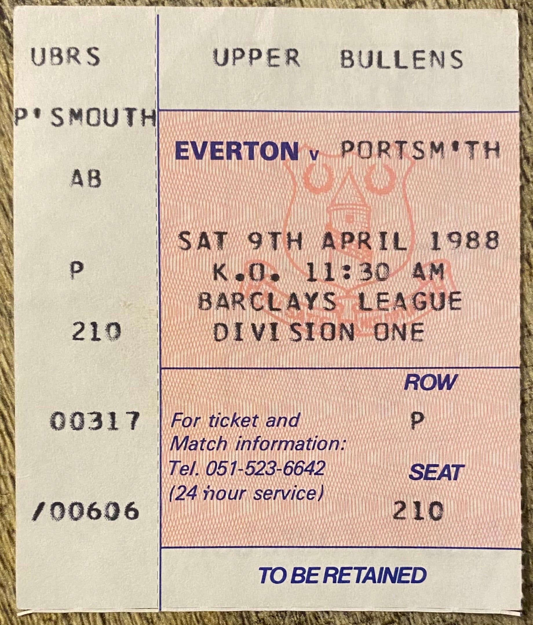 1987/88 ORIGINAL DIVISION ONE TICKET EVERTON V PORTSMOUTH