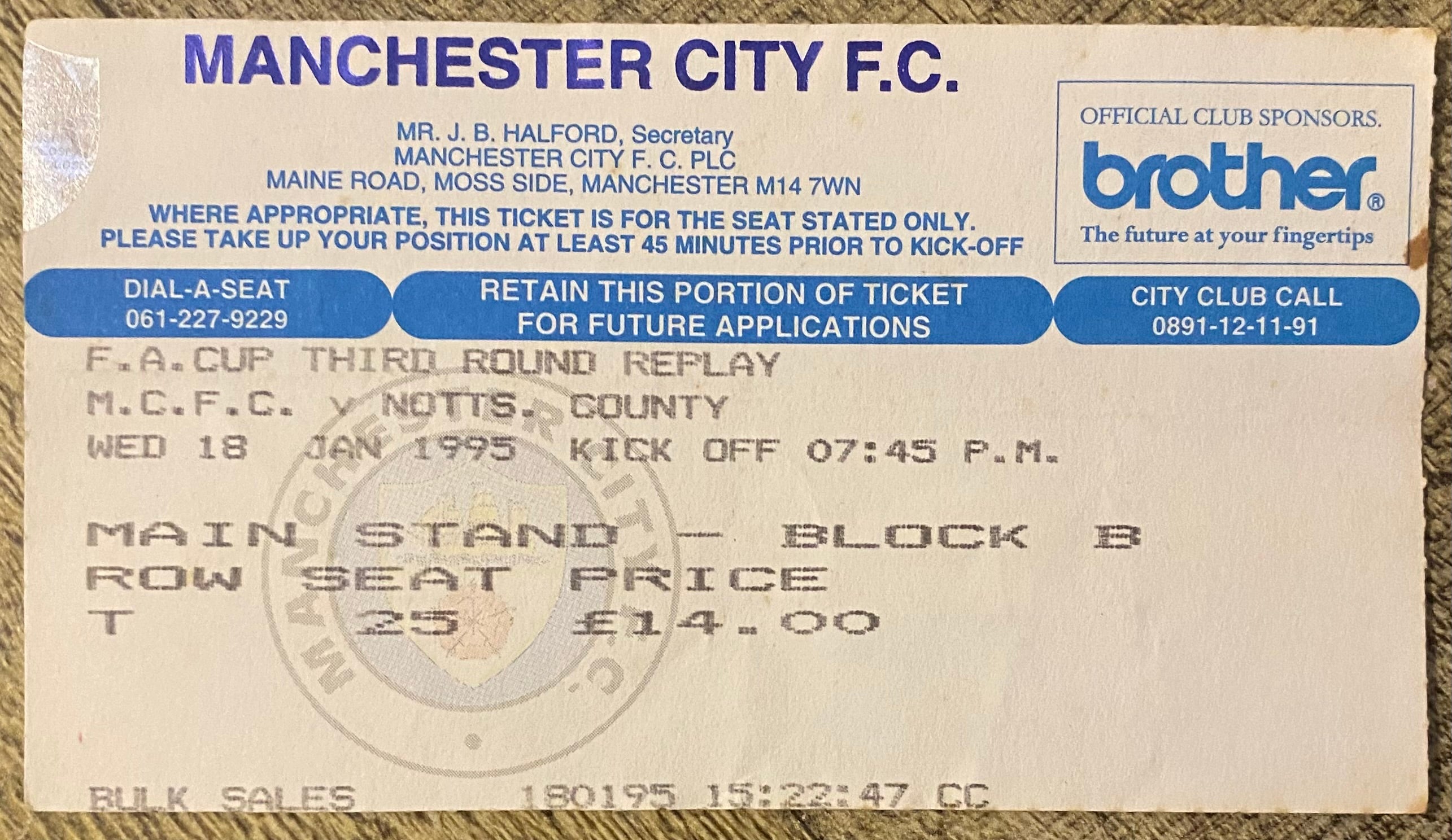 1994/95 ORIGINAL FA CUP 3RD ROUND REPLAY TICKET MANCHESTER CITY V NOTTS COUNTY