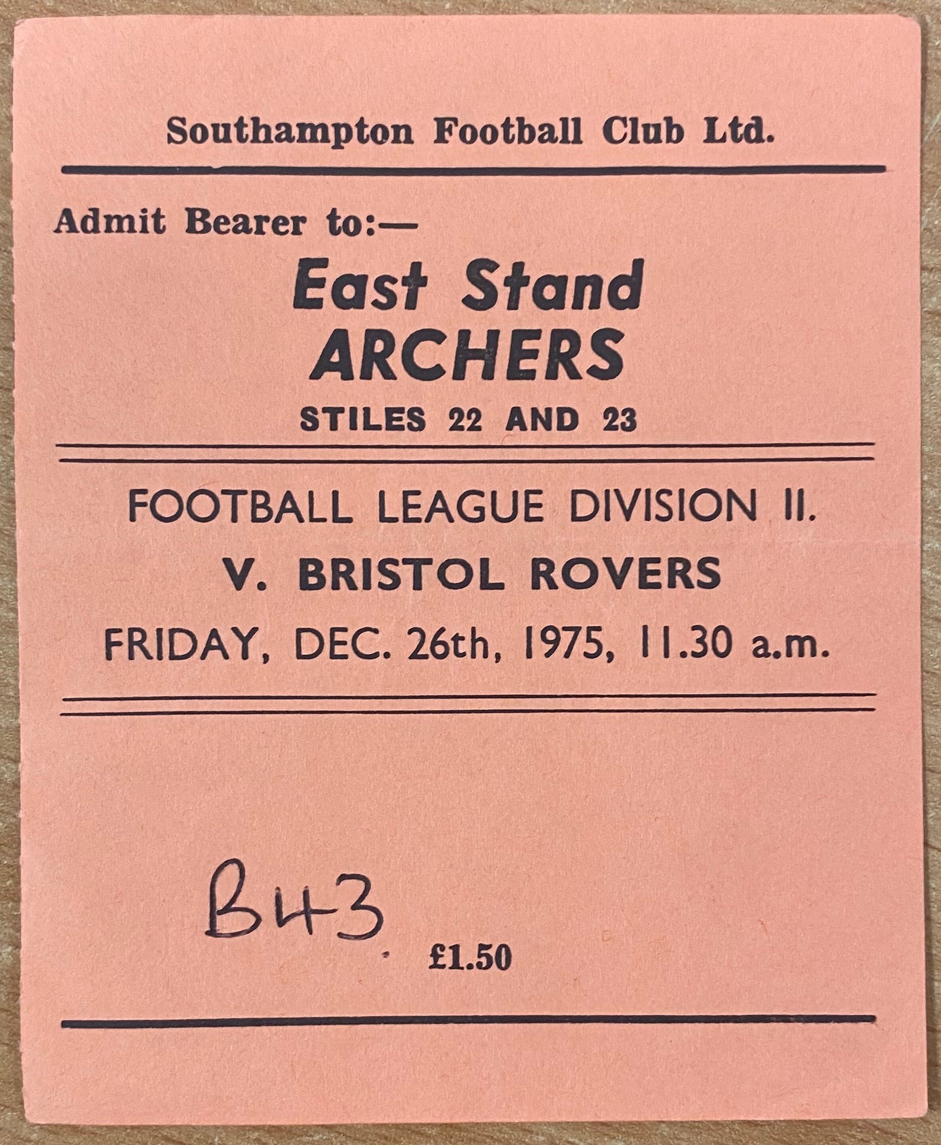 1975/76 ORIGINAL DIVISION 2 TICKET SOUTHAMPTON V BRISTOL ROVERS