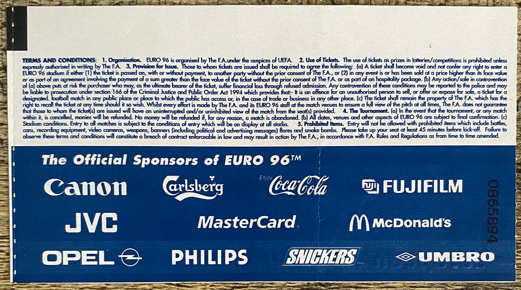 1996 ORIGINAL EUROPEAN CHAMPIONSHIPS EURO 96 OPENING MATCH TICKET ENGLAND V SWITZERLAND @ WEMBLEY