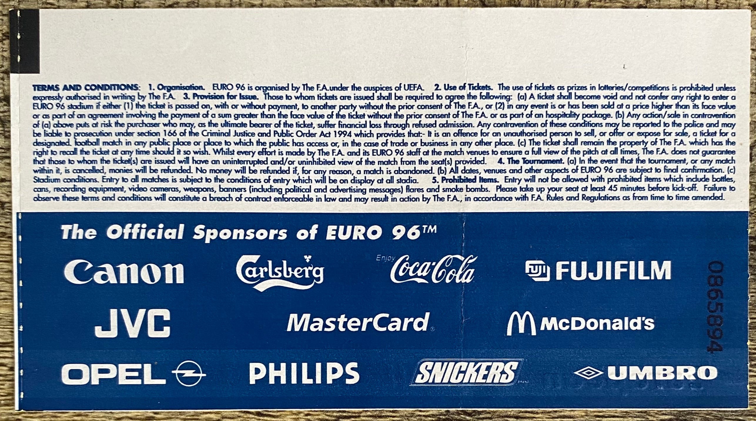 1996 ORIGINAL EUROPEAN CHAMPIONSHIPS EURO 96 OPENING MATCH TICKET ENGLAND V SWITZERLAND @ WEMBLEY