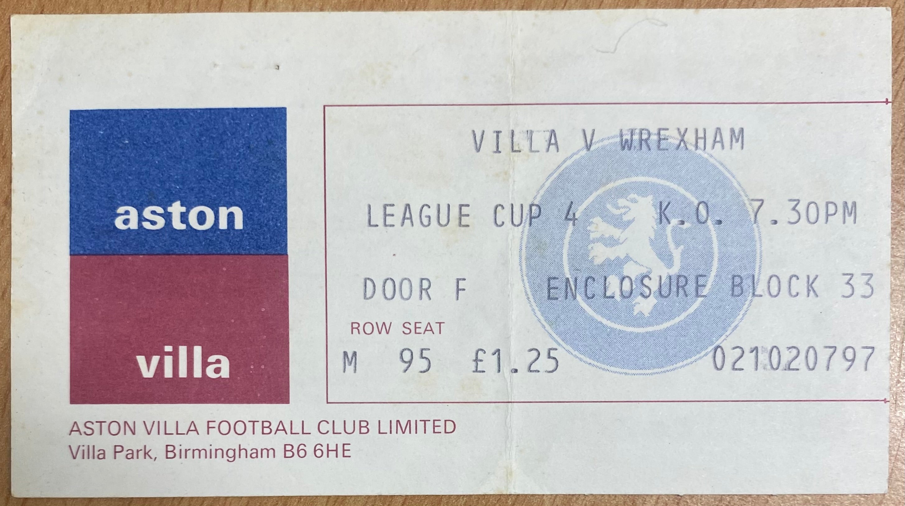 1976/77 ORIGINAL LEAGUE CUP 4TH ROUND TICKET ASTON VILLA V WREXHAM
