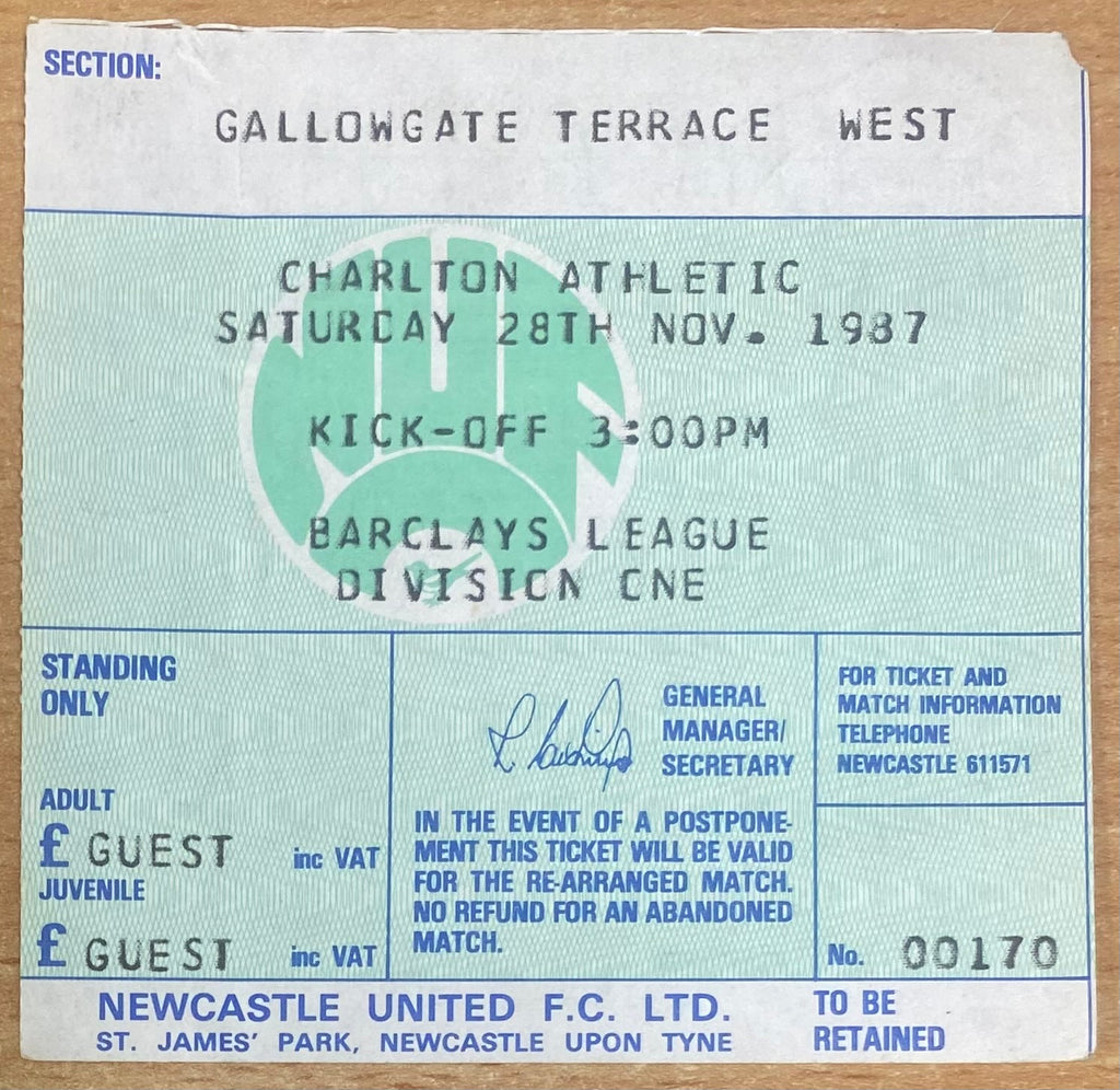1987/88 ORIGINAL DIVISION 1 TICKET NEWCASTLE UNITED V CHARLTON ATHLETIC