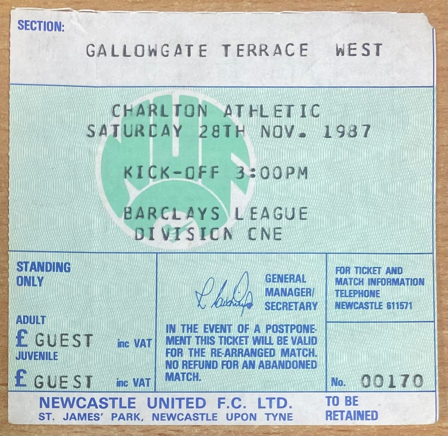 1987/88 ORIGINAL DIVISION 1 TICKET NEWCASTLE UNITED V CHARLTON ATHLETIC