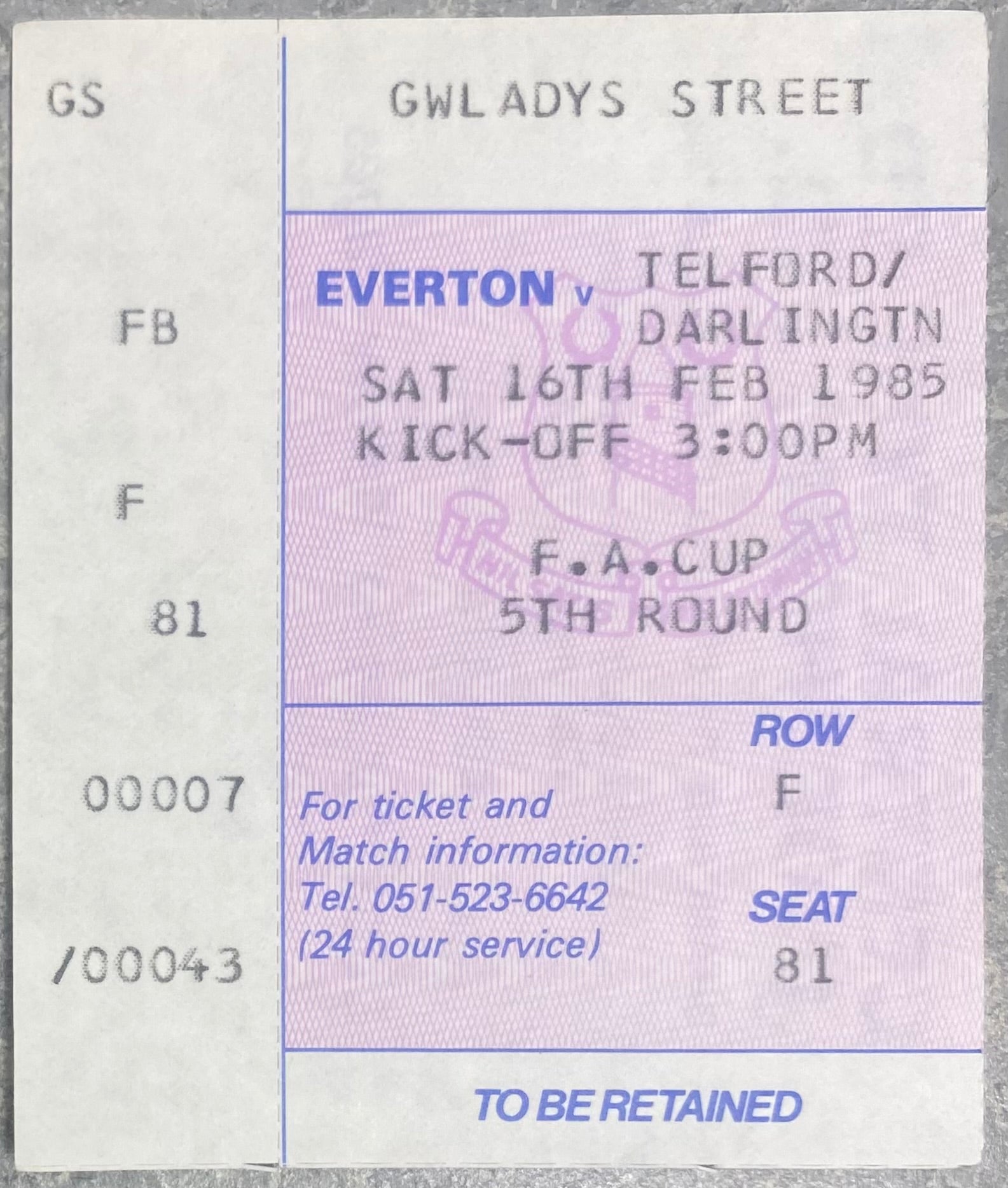1984/85 ORIGINAL FA CUP 5TH ROUND TICKET EVERTON V TELFORD UNITED