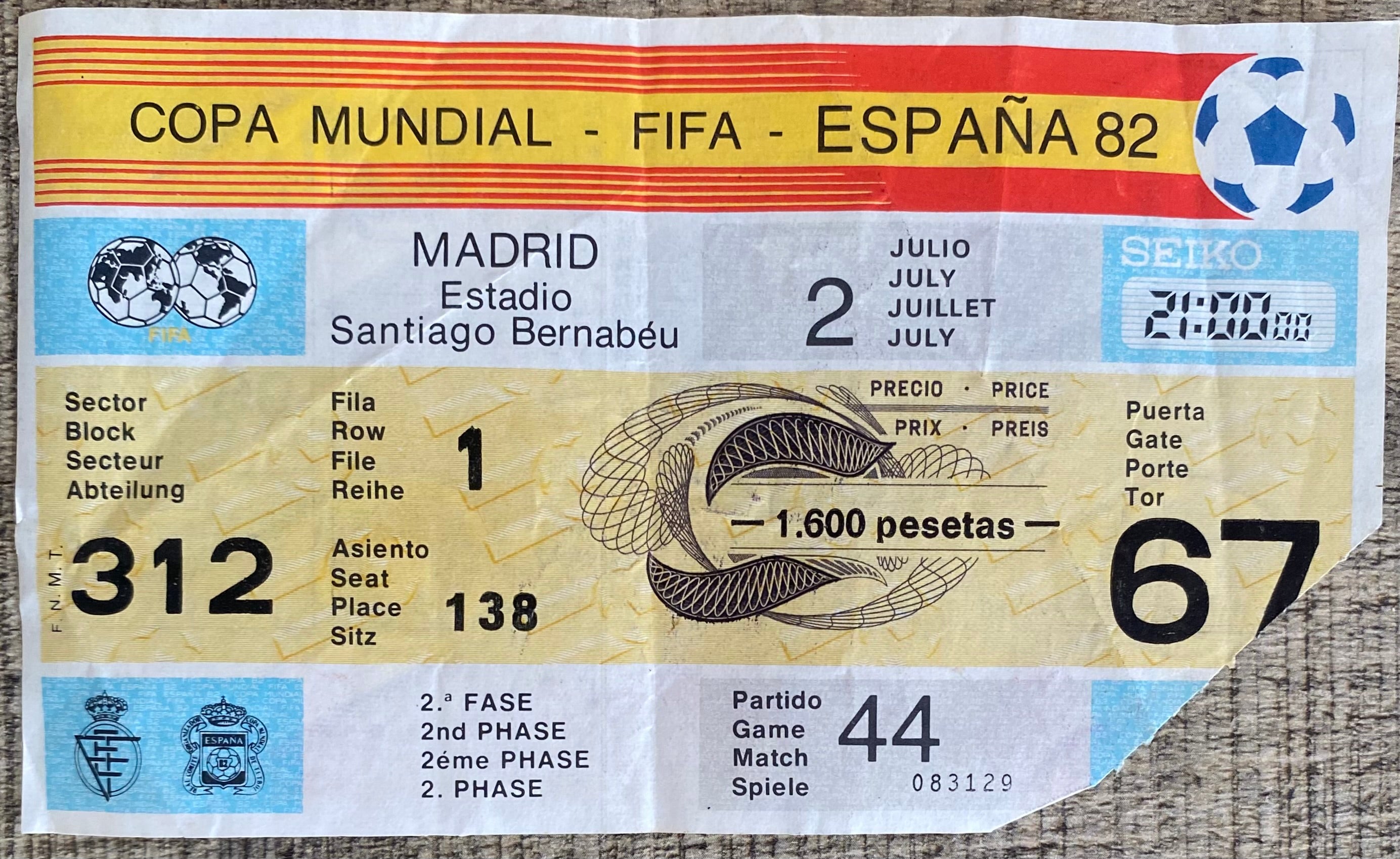 1982 ORIGINAL WORLD CUP 2ND PHASE TICKET WEST GERMANY V SPAIN @ MADRID