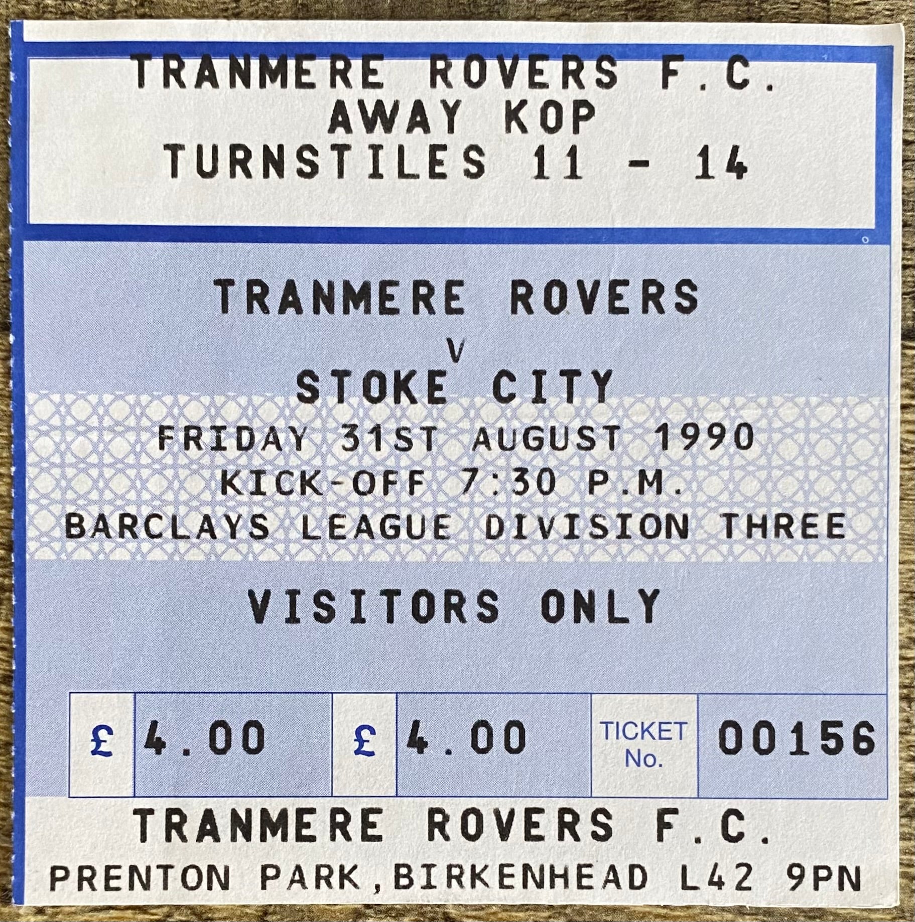 1990/91 ORIGINAL DIVISION 3 TICKET TRANMERE ROVERS V STOKE CITY