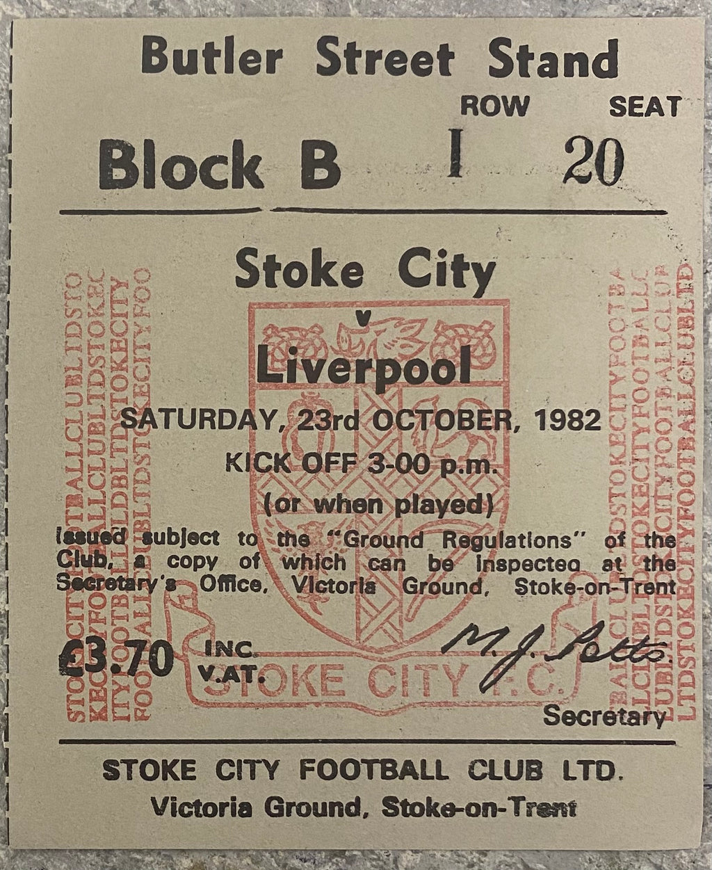 1982/83 ORIGINAL DIVISION 1 TICKET STOKE CITY V LIVERPOOL