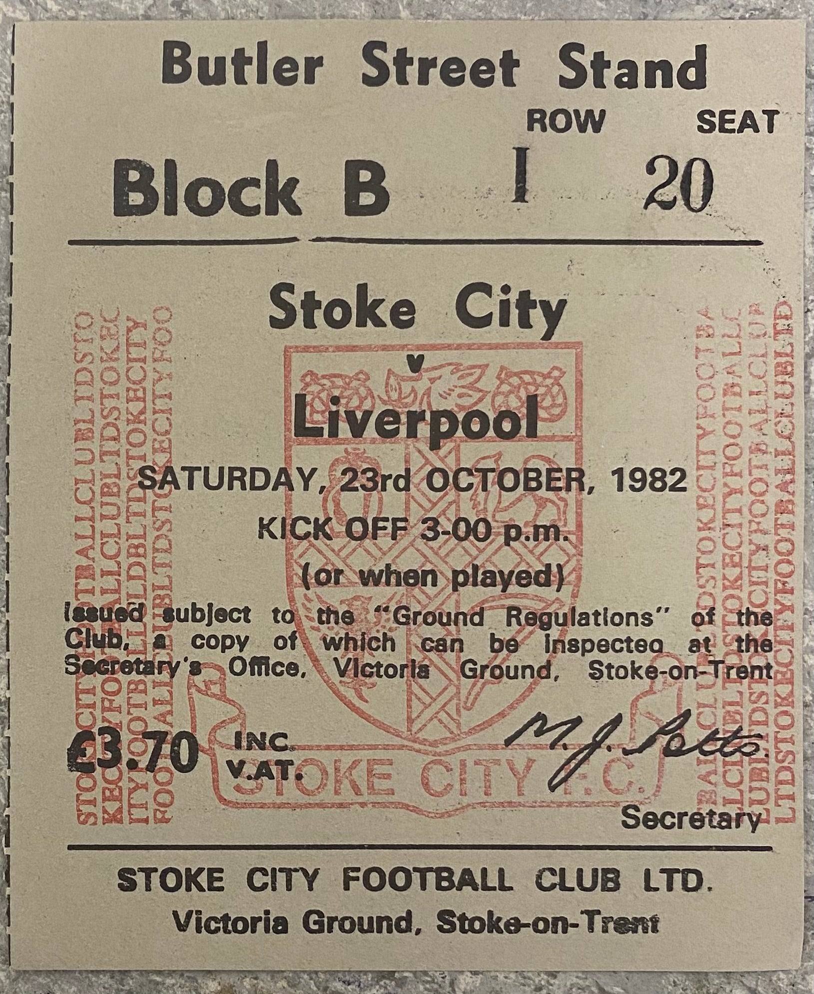 1982/83 ORIGINAL DIVISION 1 TICKET STOKE CITY V LIVERPOOL