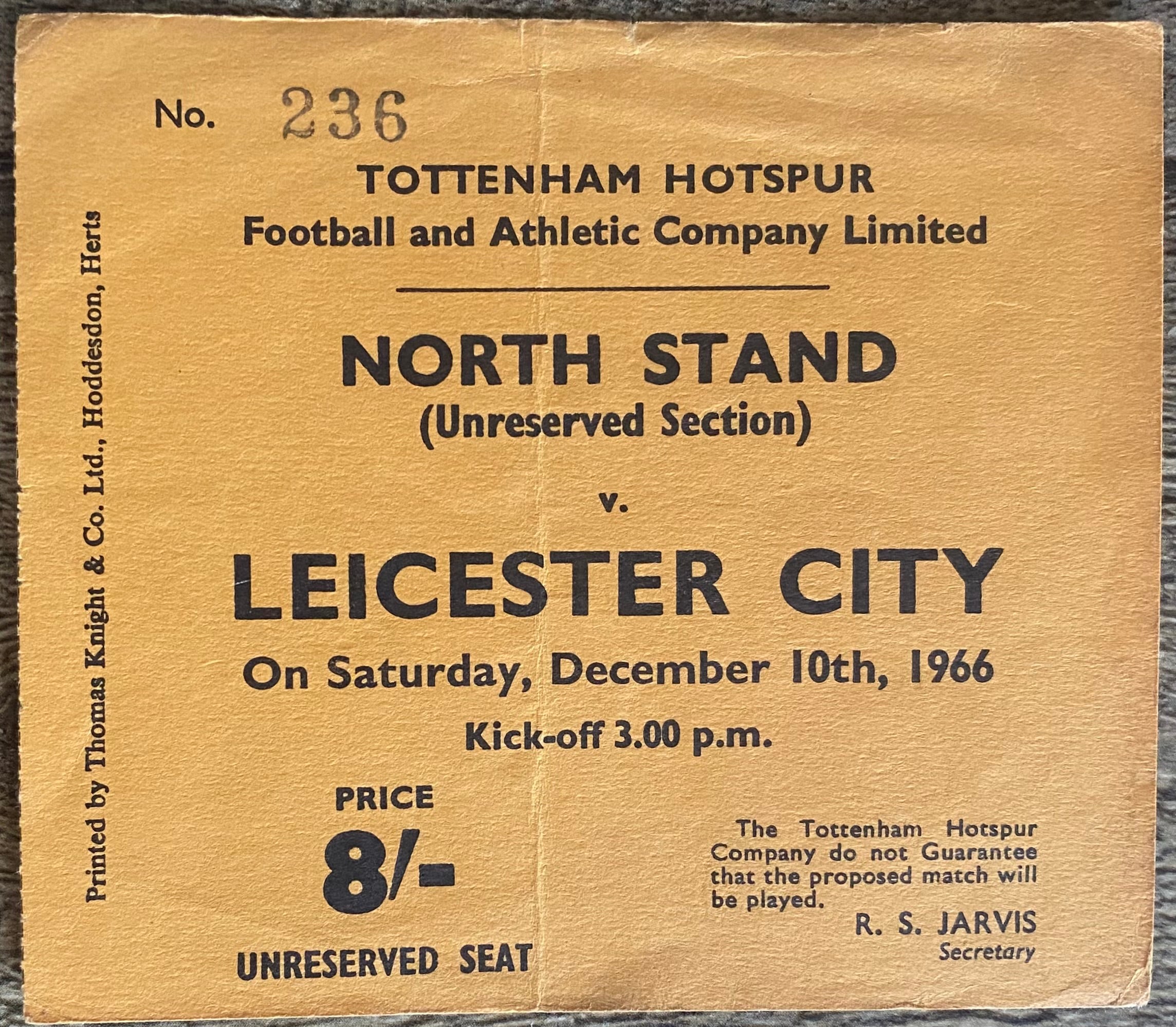 1966/67 ORIGINAL DIVISION ONE TICKET TOTTENHAM HOTSPUR V LEICESTER CITY