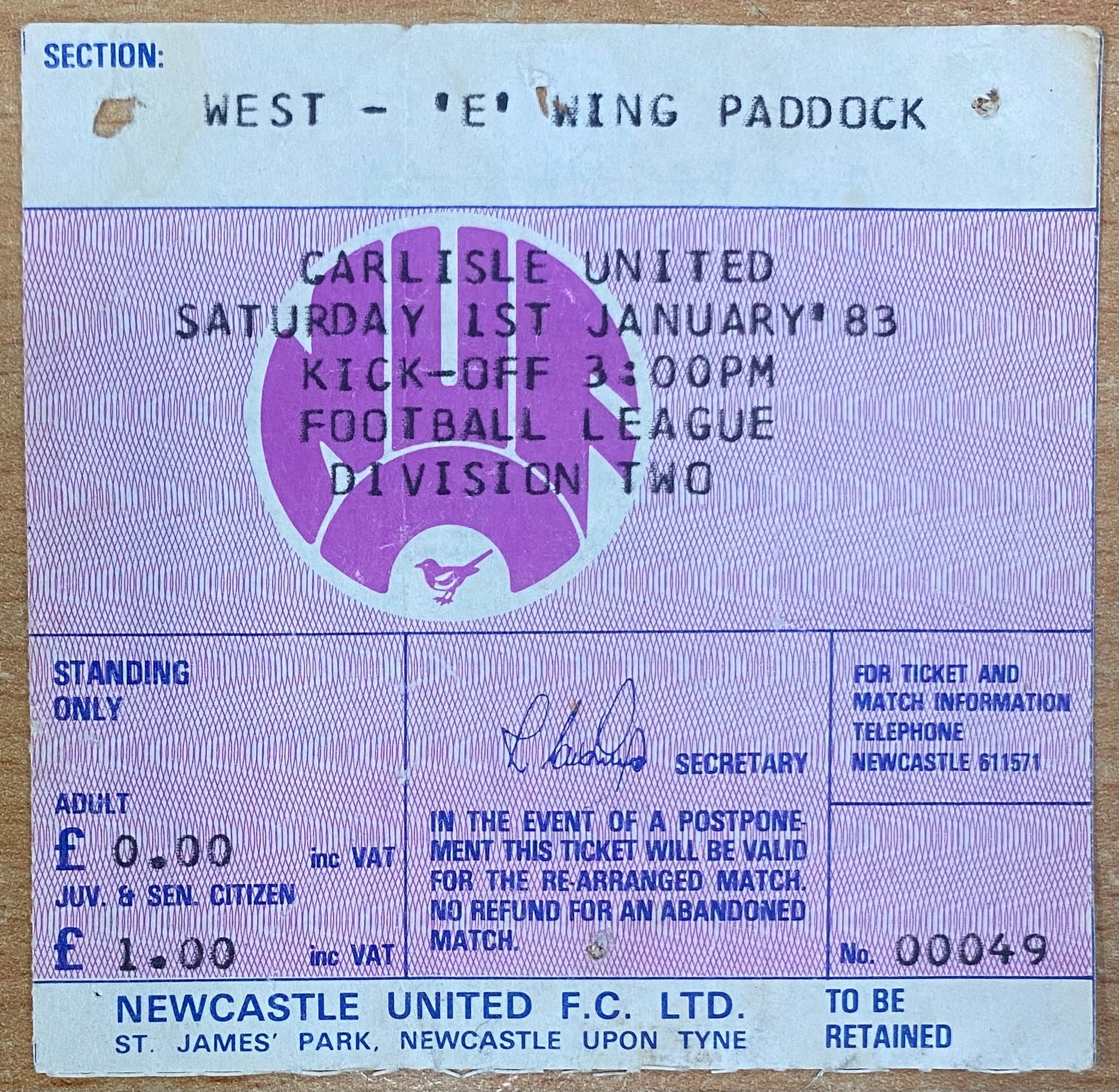 1982/83 ORIGINAL DIVISION TWO TICKET NEWCASTLE UNITED V CARLISLE UNITED