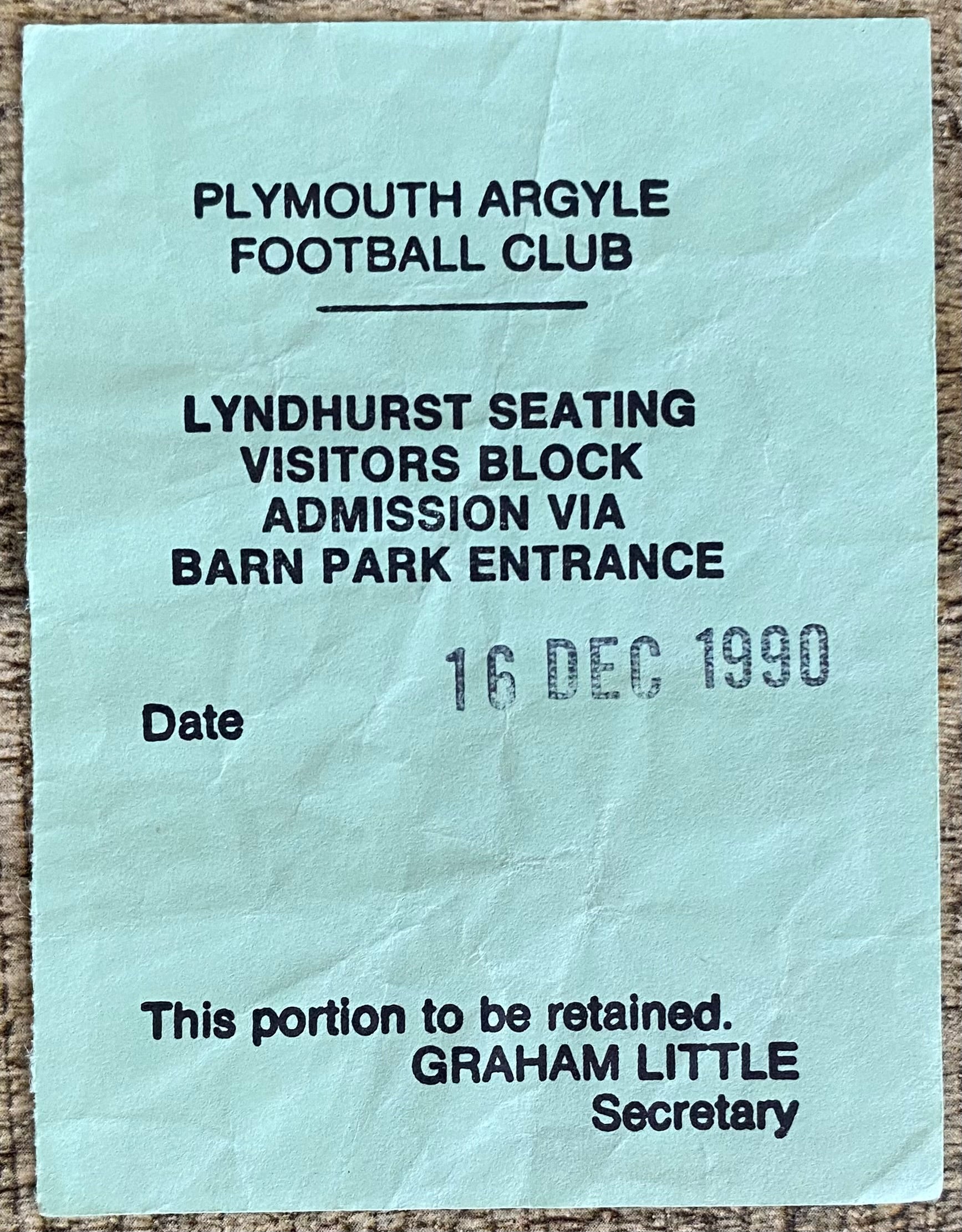 1990/91 ORIGINAL DIVISION 2 TICKET PLYMOUTH ARGYLE V NEWCASTLE UNITED