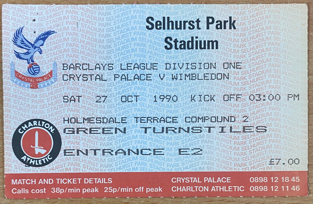 1990/91 ORIGINAL DIVISION 1 TICKET CRYSTAL PALACE V WIMBLEDON