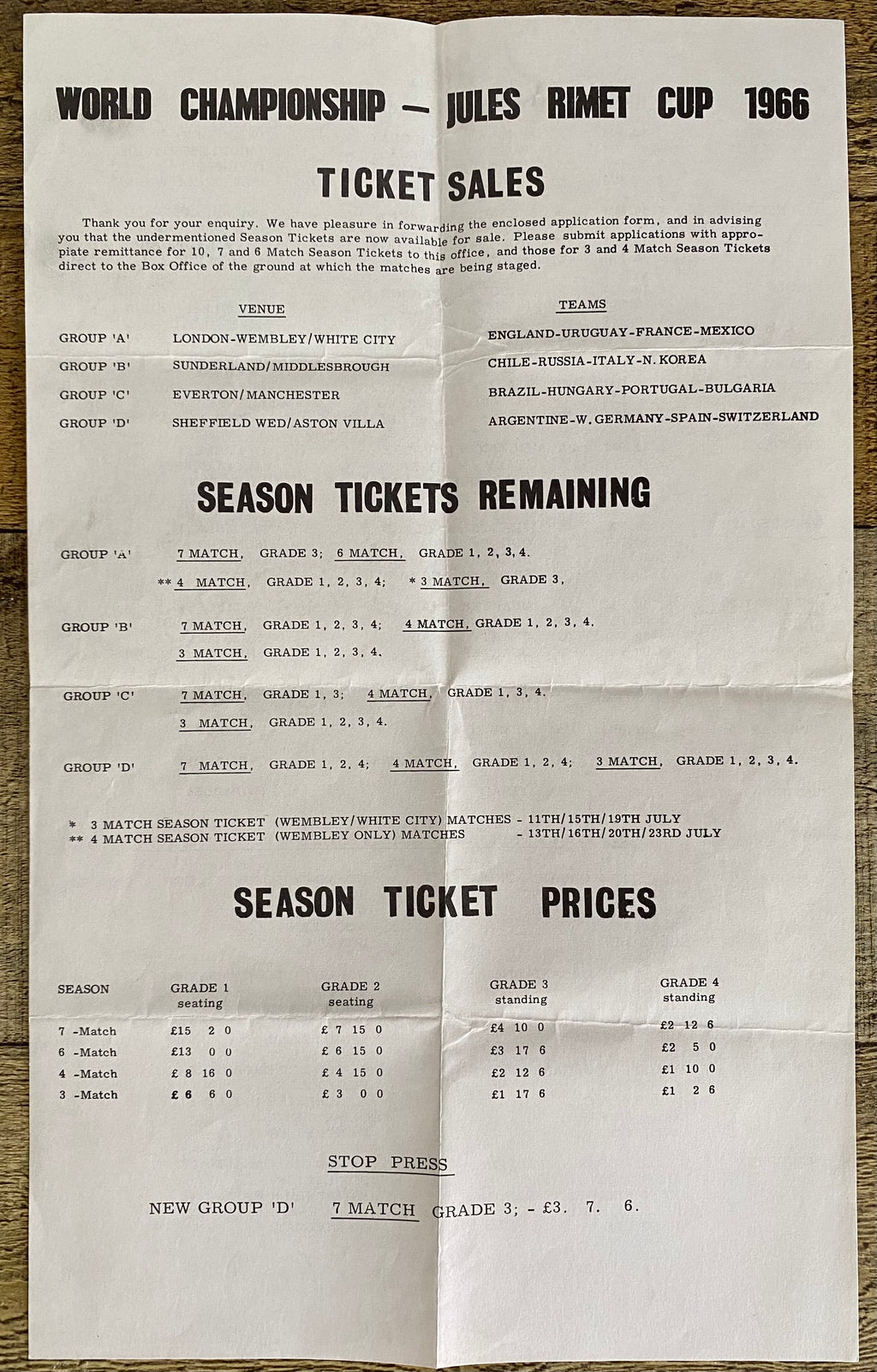 1966 WORLD CUP ORIGINAL OFFICIAL INFORMATION FOR TICKET SALES WINDOWS AND PRICING
