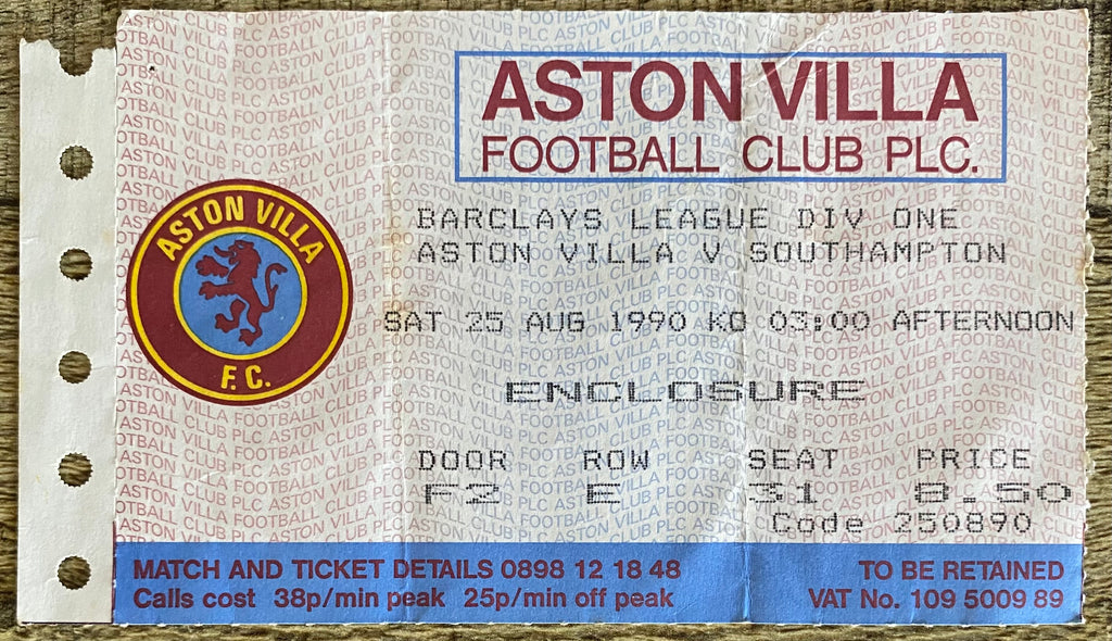 1990/91 ORIGINAL DIVISION 1 TICKET ASTON VILLA V SOUTHAMPTON