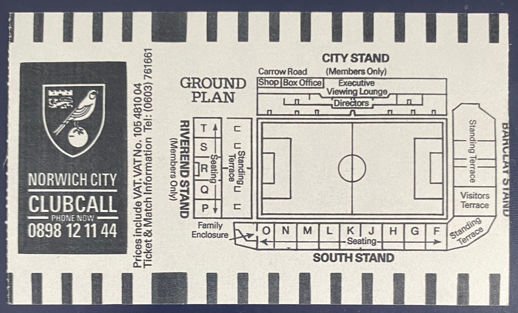 1989/90 ORIGINAL LITTLEWOODS CUP 2ND ROUND 1ST LEG TICKET NORWICH CITY V ROTHERHAM UNITED