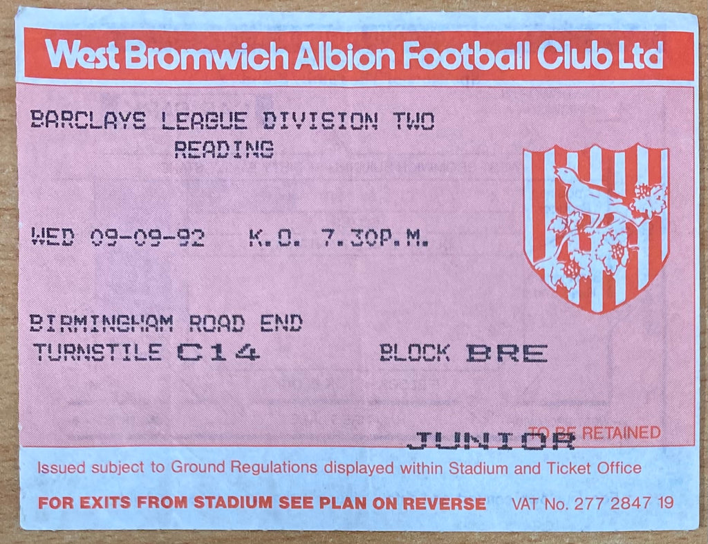 1992/93 ORIGINAL DIVISION 2 TICKET WEST BROMWICH ALBION V READING