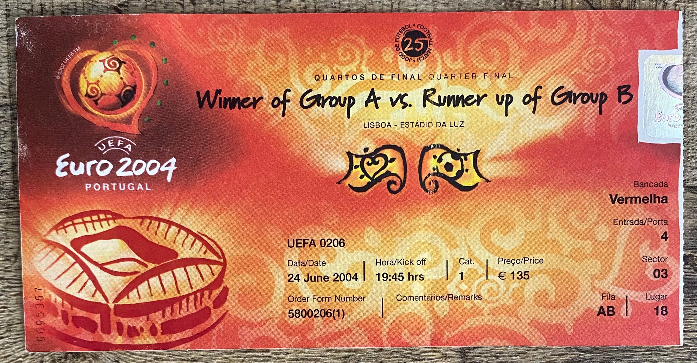 2004 ORIGINAL EUROPEAN CHAMPIONSHIPS QUARTER FINAL TICKET ENGLAND V PORTUGAL @ LISBON