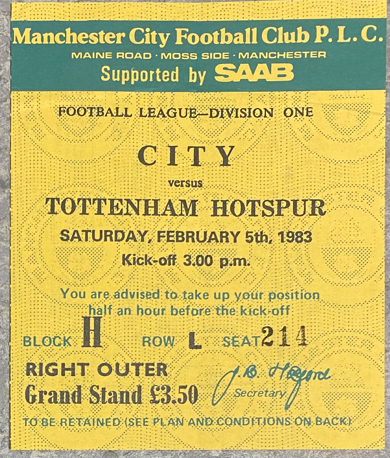 1982/83 ORIGINAL DIVISION ONE TICKET MANCHESTER CITY V TOTTENHAM HOTSPUR