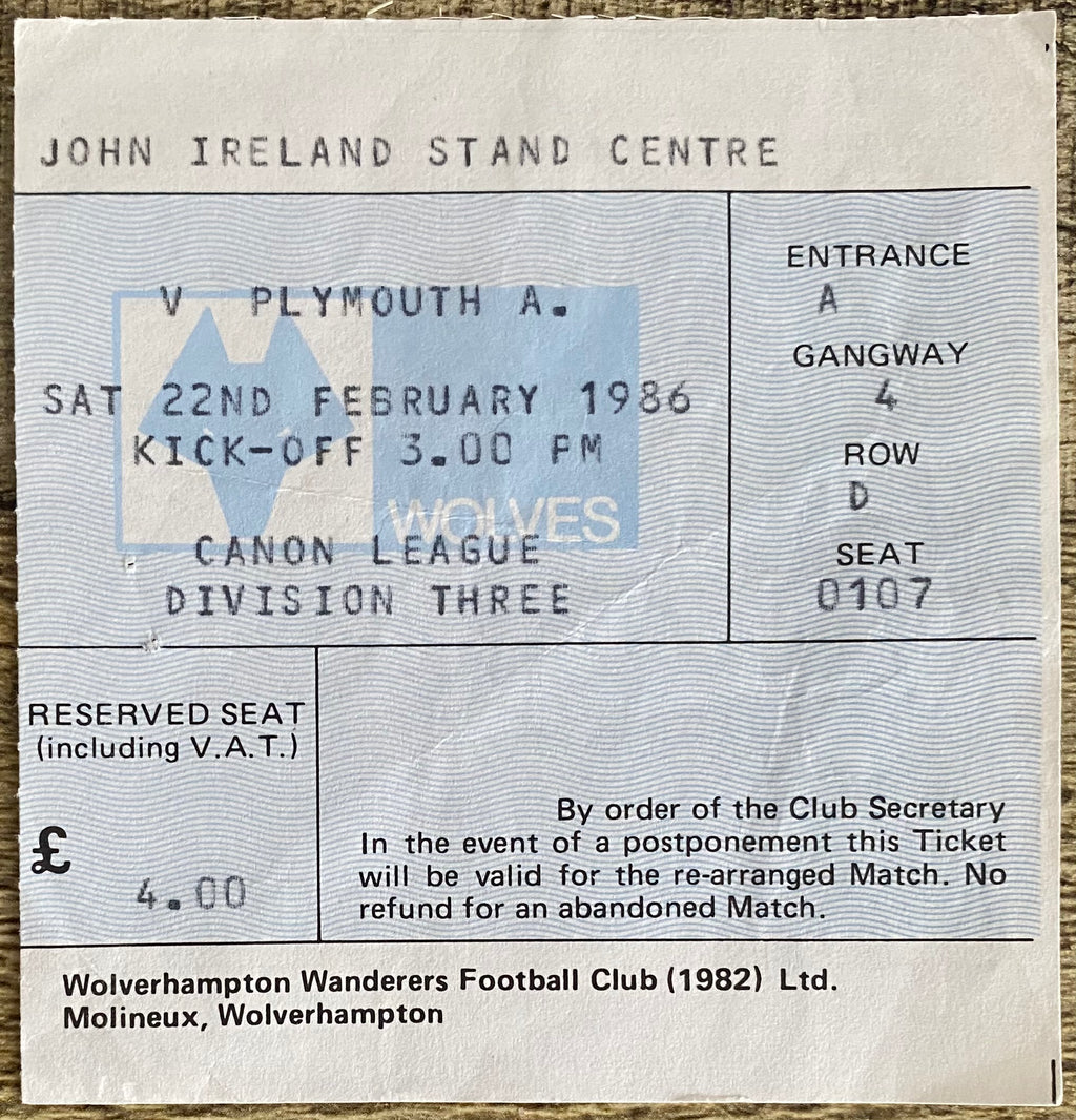1985/86 ORIGINAL DIVISION 3 TICKET WOLVERHAMPTON WANDERERS V PLYMOUTH ARGYLE