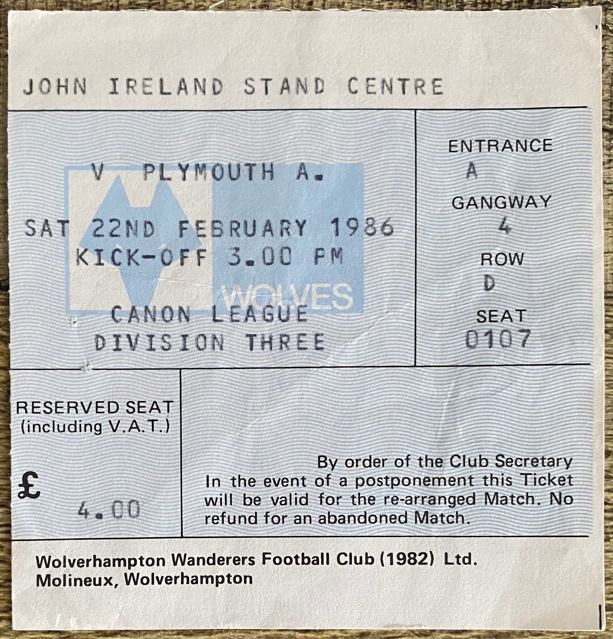 1985/86 ORIGINAL DIVISION 3 TICKET WOLVERHAMPTON WANDERERS V PLYMOUTH ARGYLE