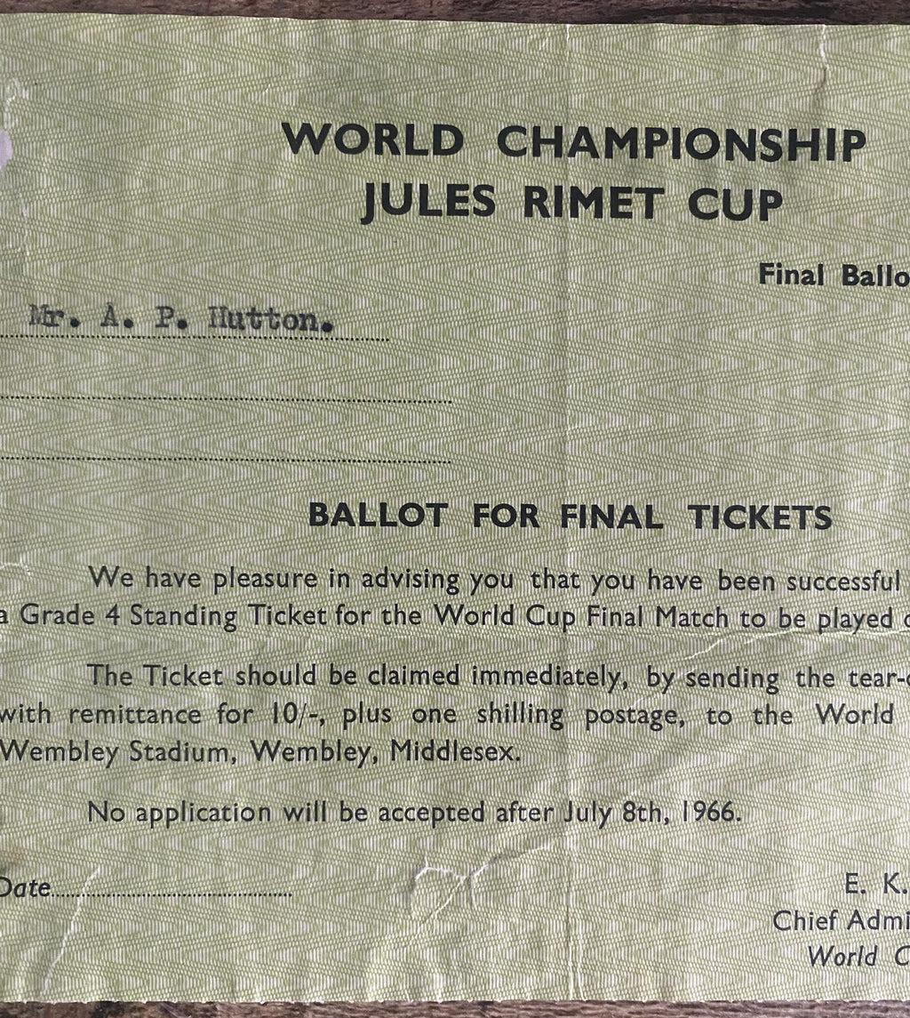 1966 WORLD CUP ORIGINAL OFFICIAL APPLICATION BALLOT SLIP FOR FINAL TICKET