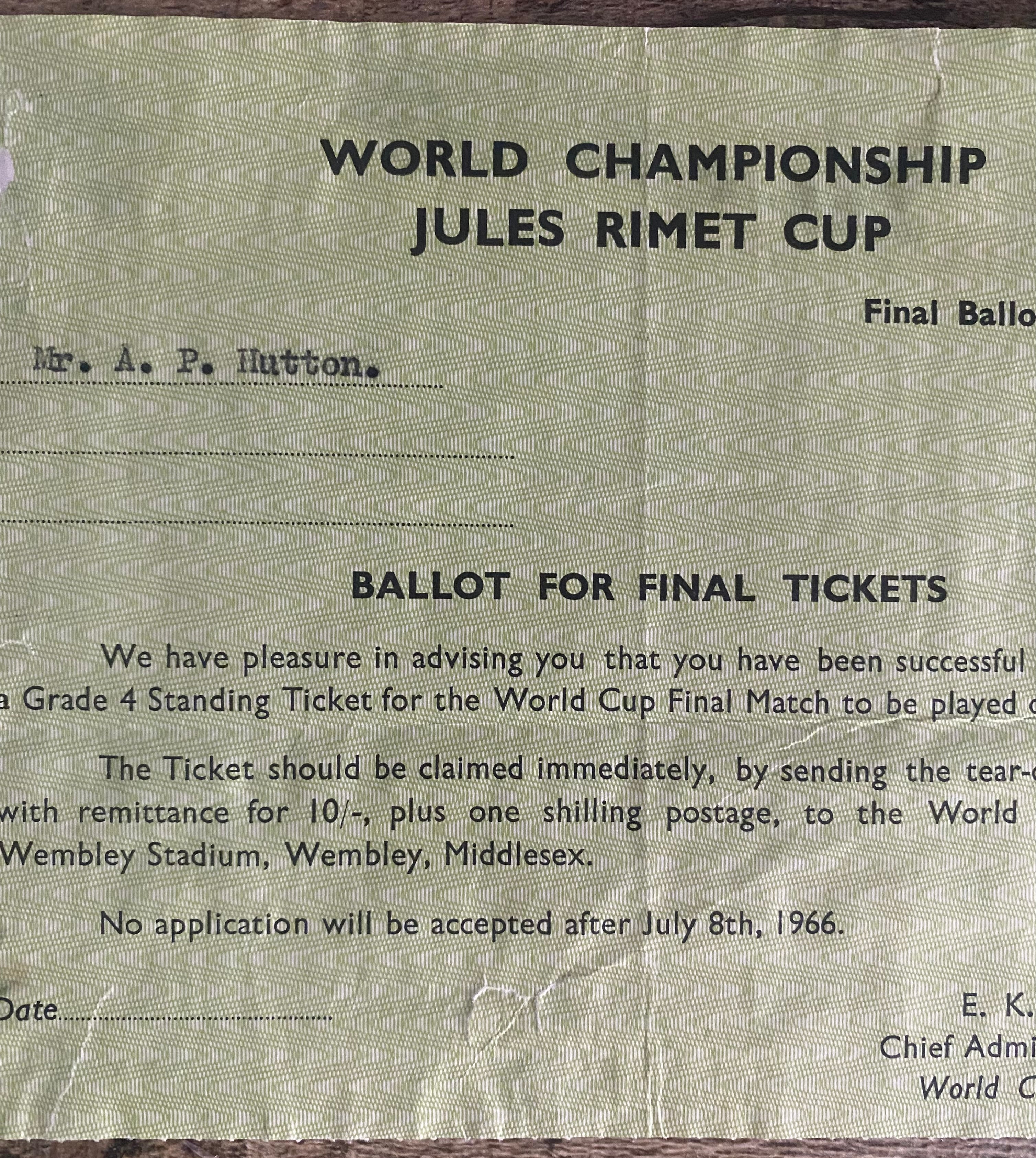 1966 WORLD CUP ORIGINAL OFFICIAL APPLICATION BALLOT SLIP FOR FINAL TICKET