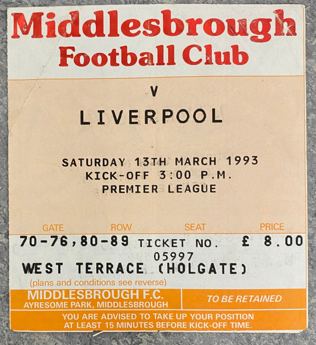 1992/93 ORIGINAL PREMIER LEAGUE TICKET MIDDLESBROUGH V LIVERPOOL