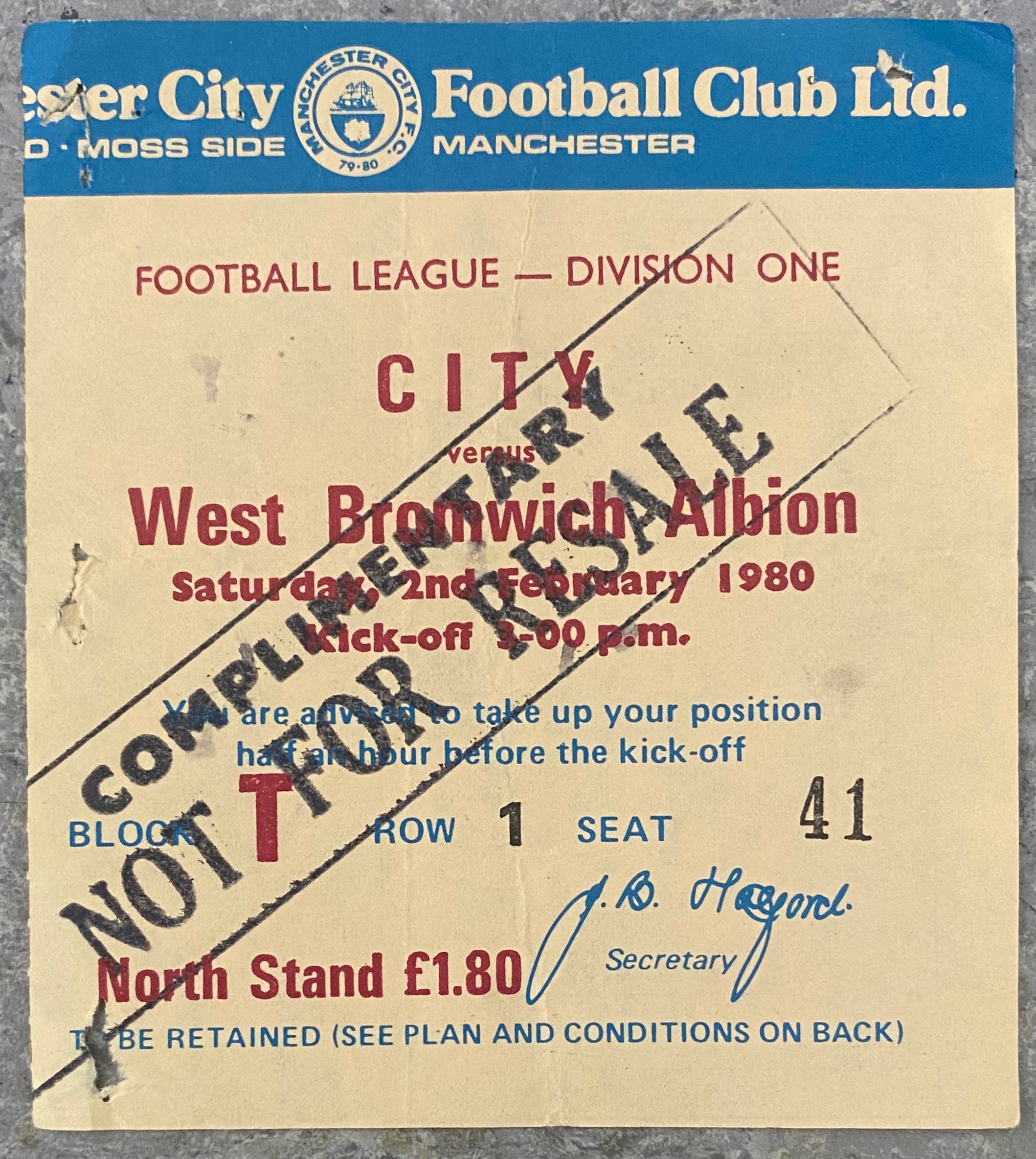 1979/80 ORIGINAL DIVISION 1 TICKET MANCHESTER CITY V WEST BROMWICH ALBION