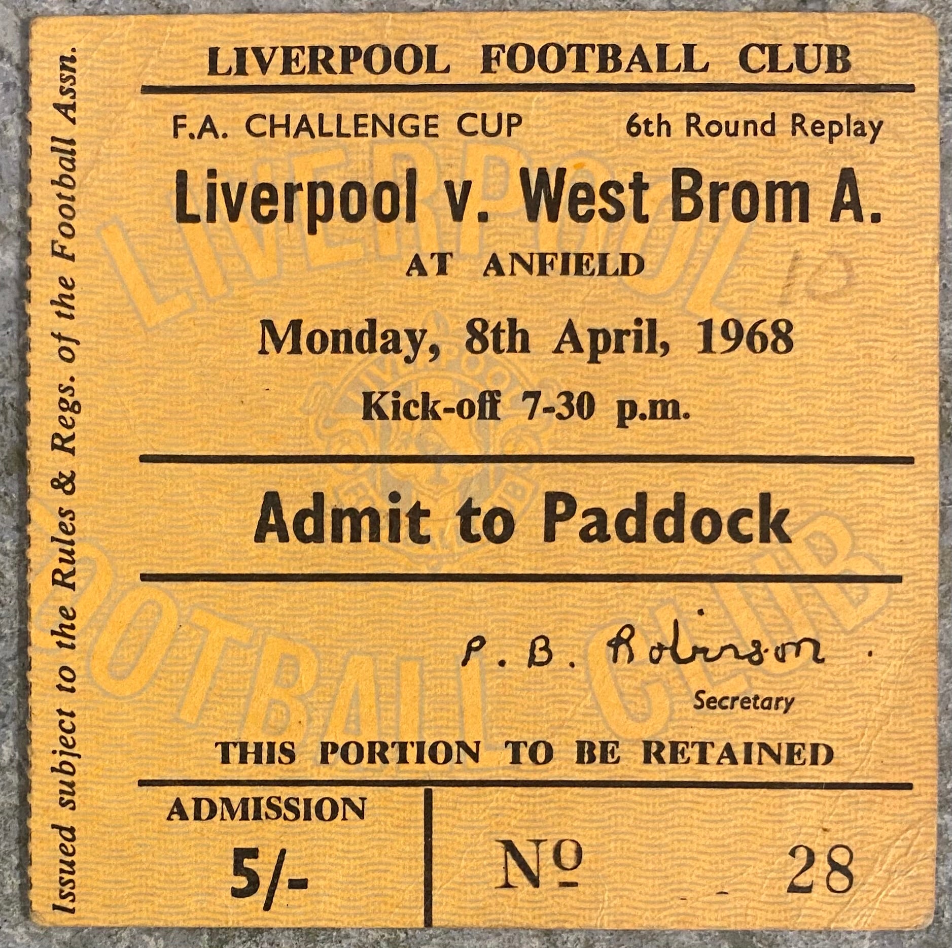 1967/68 ORIGINAL FA CUP 6TH ROUND REPLAY TICKET LIVERPOOL V WEST BROMWICH ALBION