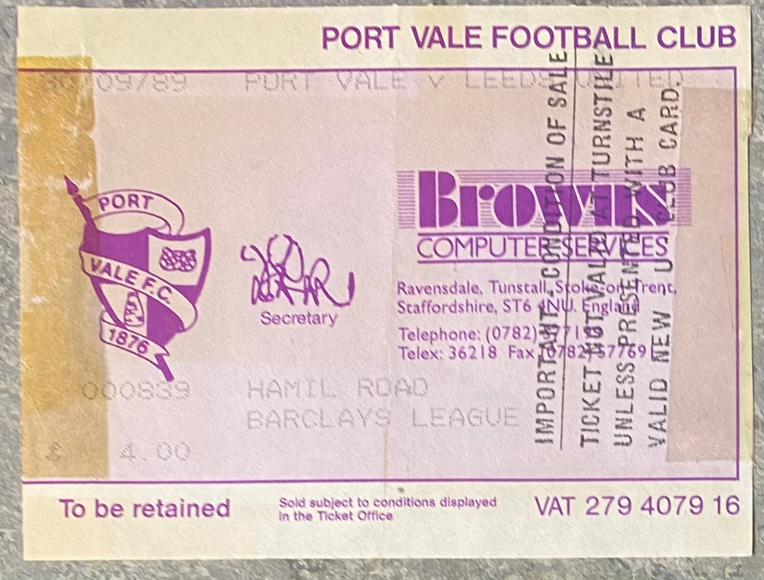 1989/90 ORIGINAL DIVISION TWO TICKET PORT VALE V LEEDS UNITED