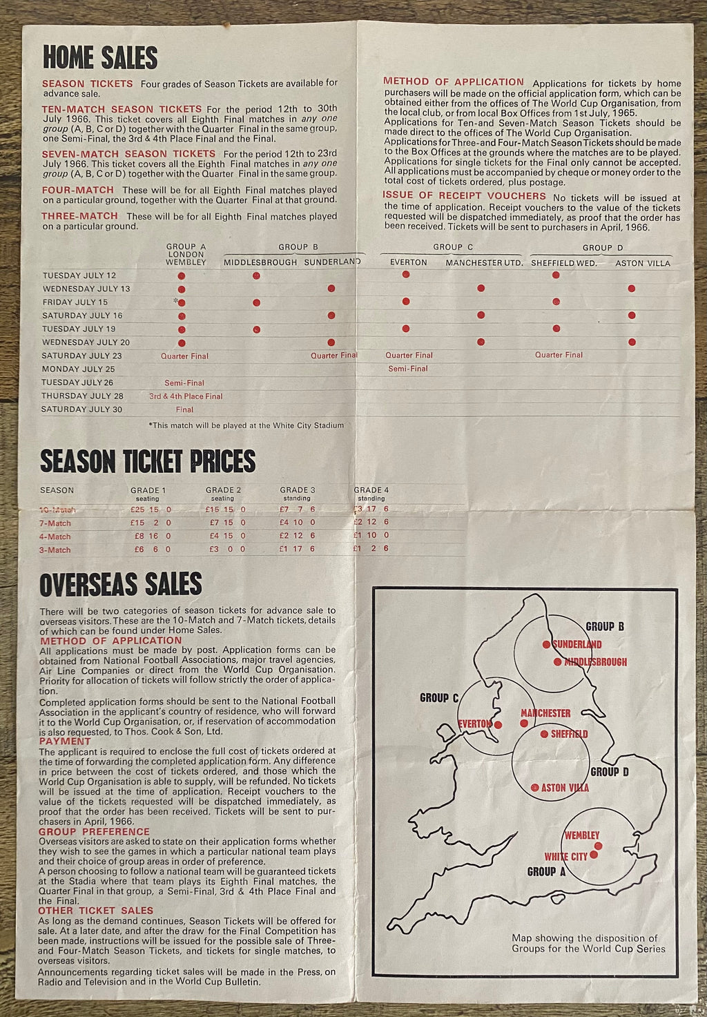 1966 WORLD CUP ORIGINAL OFFICIAL TICKET INFORMATION FOLD OUT BOOKLET