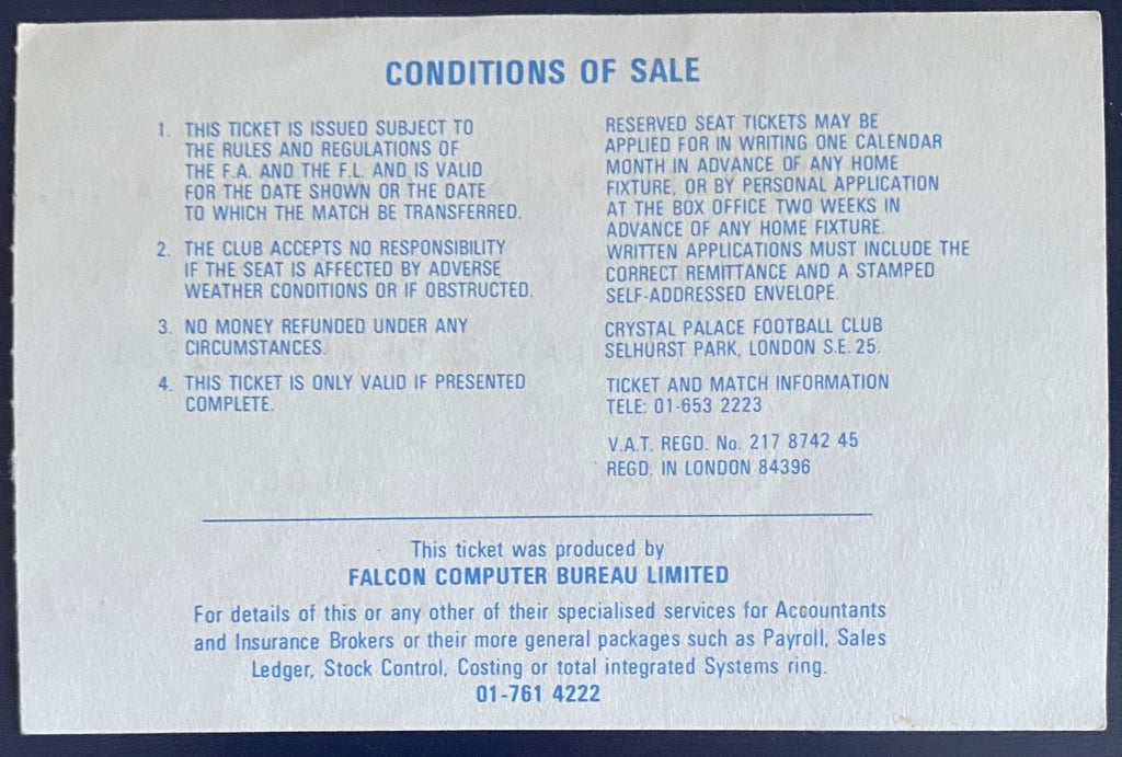 1980/81 ORIGINAL DIVISION 1 TICKET CRYSTAL PALACE V NOTTINGHAM FOREST