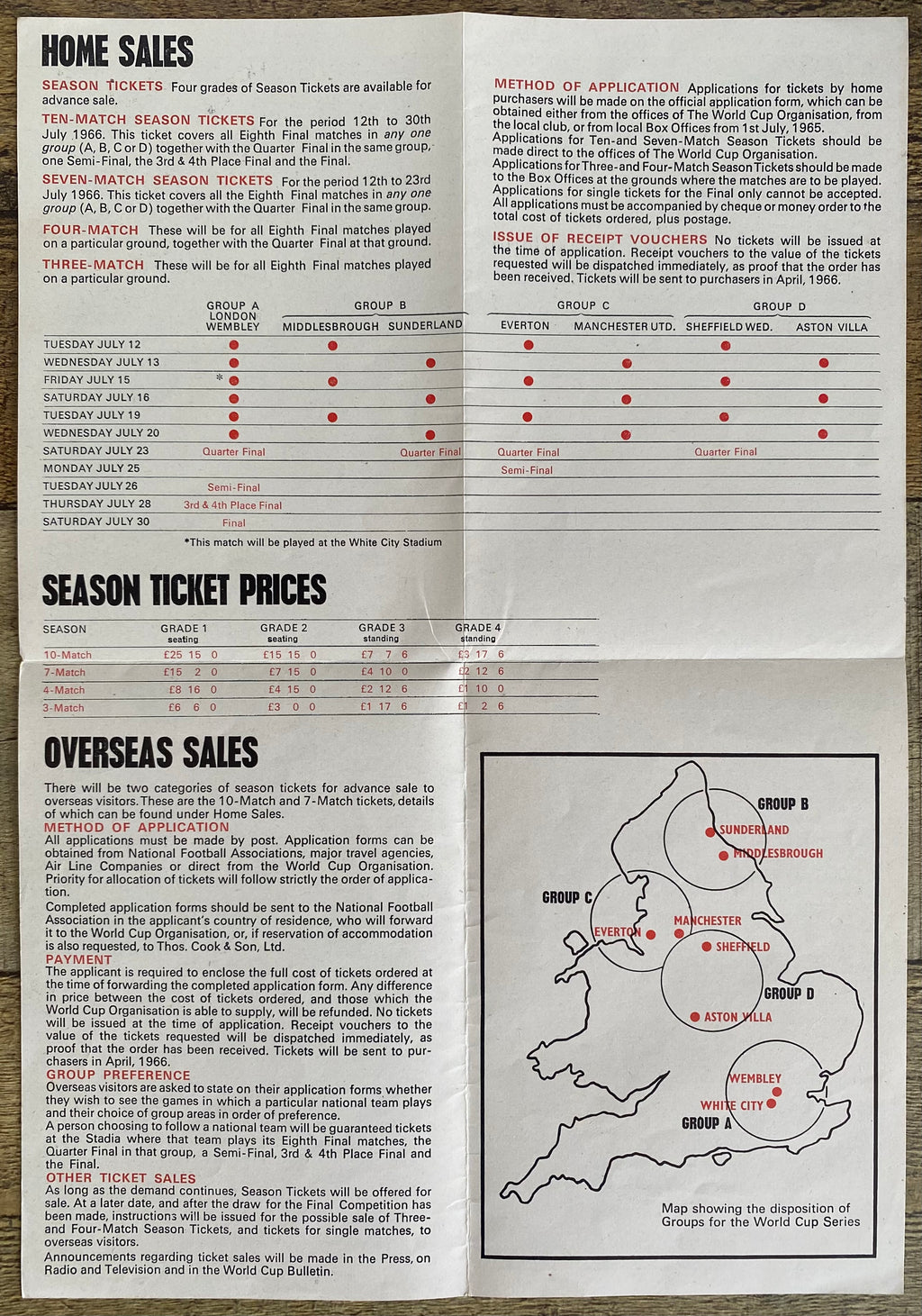1966 WORLD CUP ORIGINAL OFFICIAL TICKET INFORMATION FOLD OUT BOOKLET