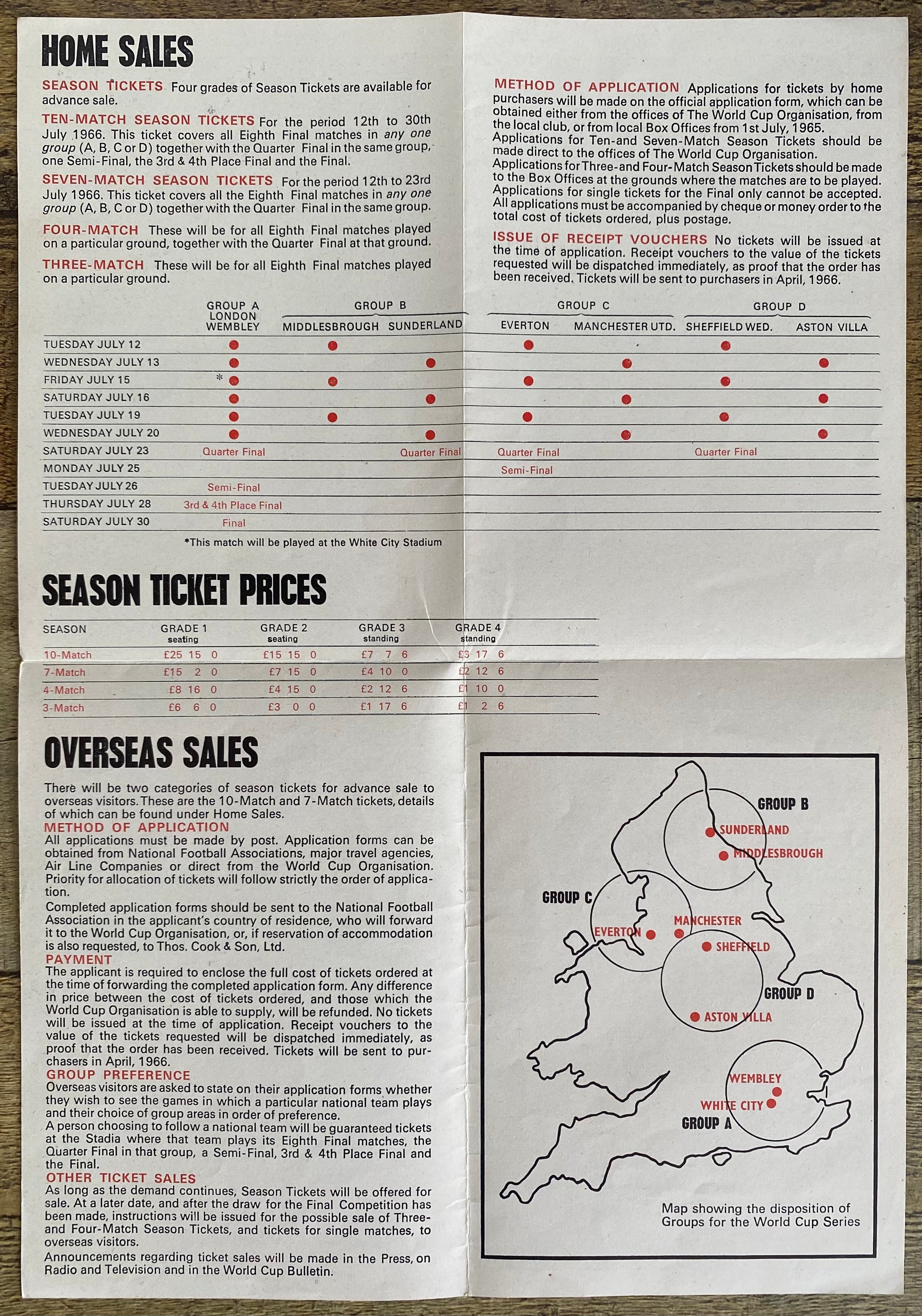 1966 WORLD CUP ORIGINAL OFFICIAL TICKET INFORMATION FOLD OUT BOOKLET