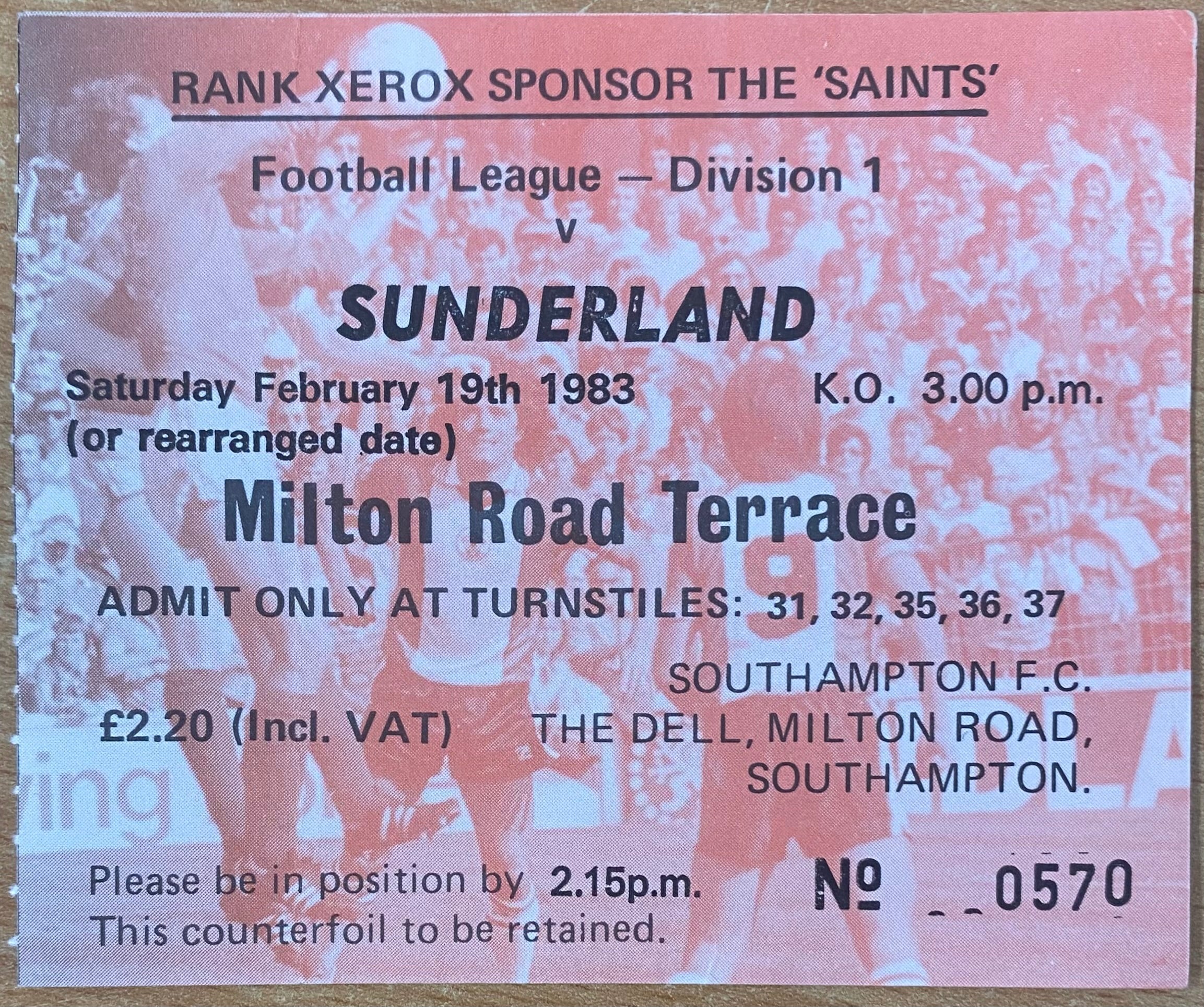 1982/83 ORIGINAL DIVISION ONE TICKET SOUTHAMPTON V SUNDERLAND