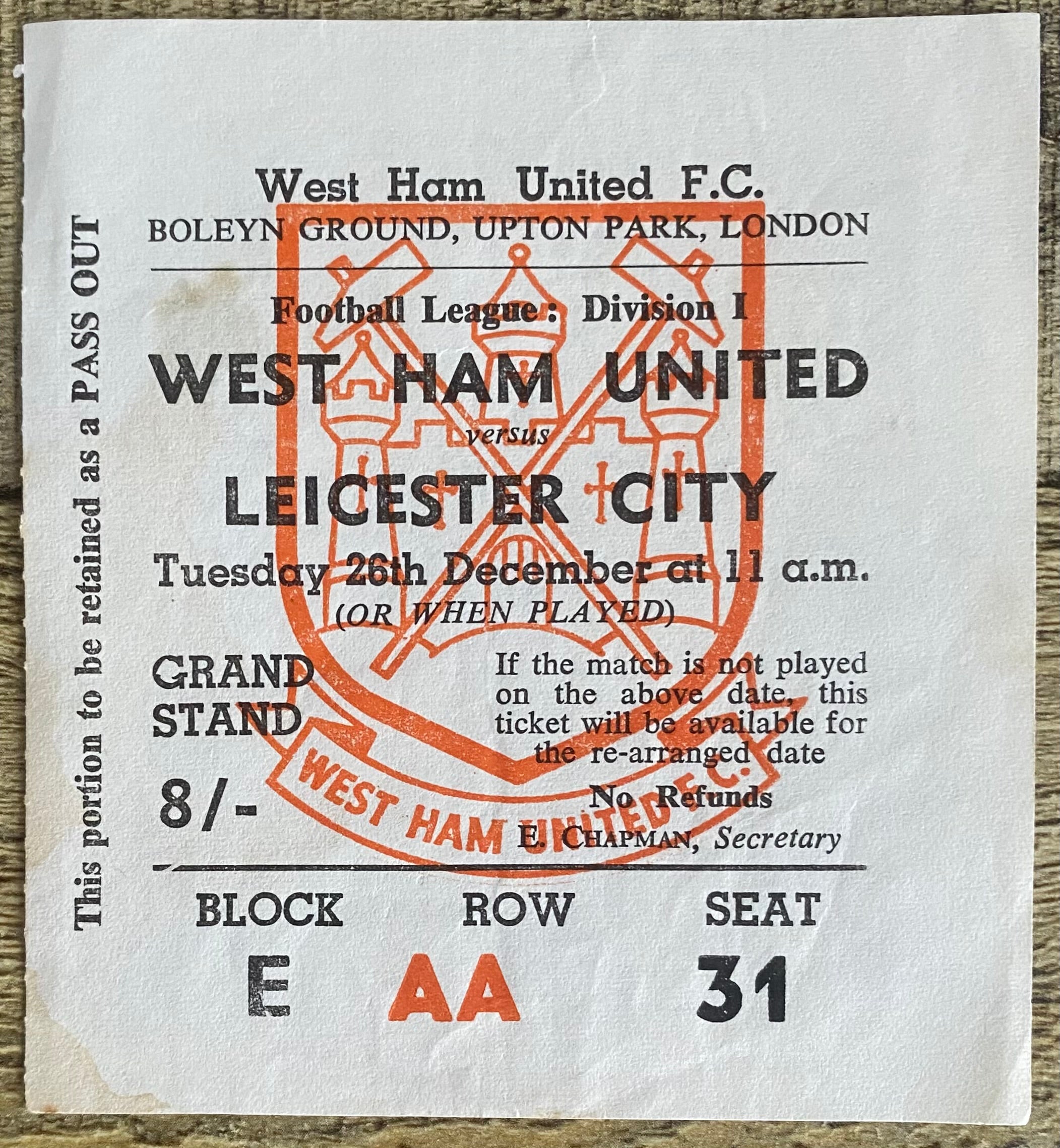 1967/68 ORIGINAL DIVISION 1 TICKET WEST HAM UNITED V LEICESTER CITY