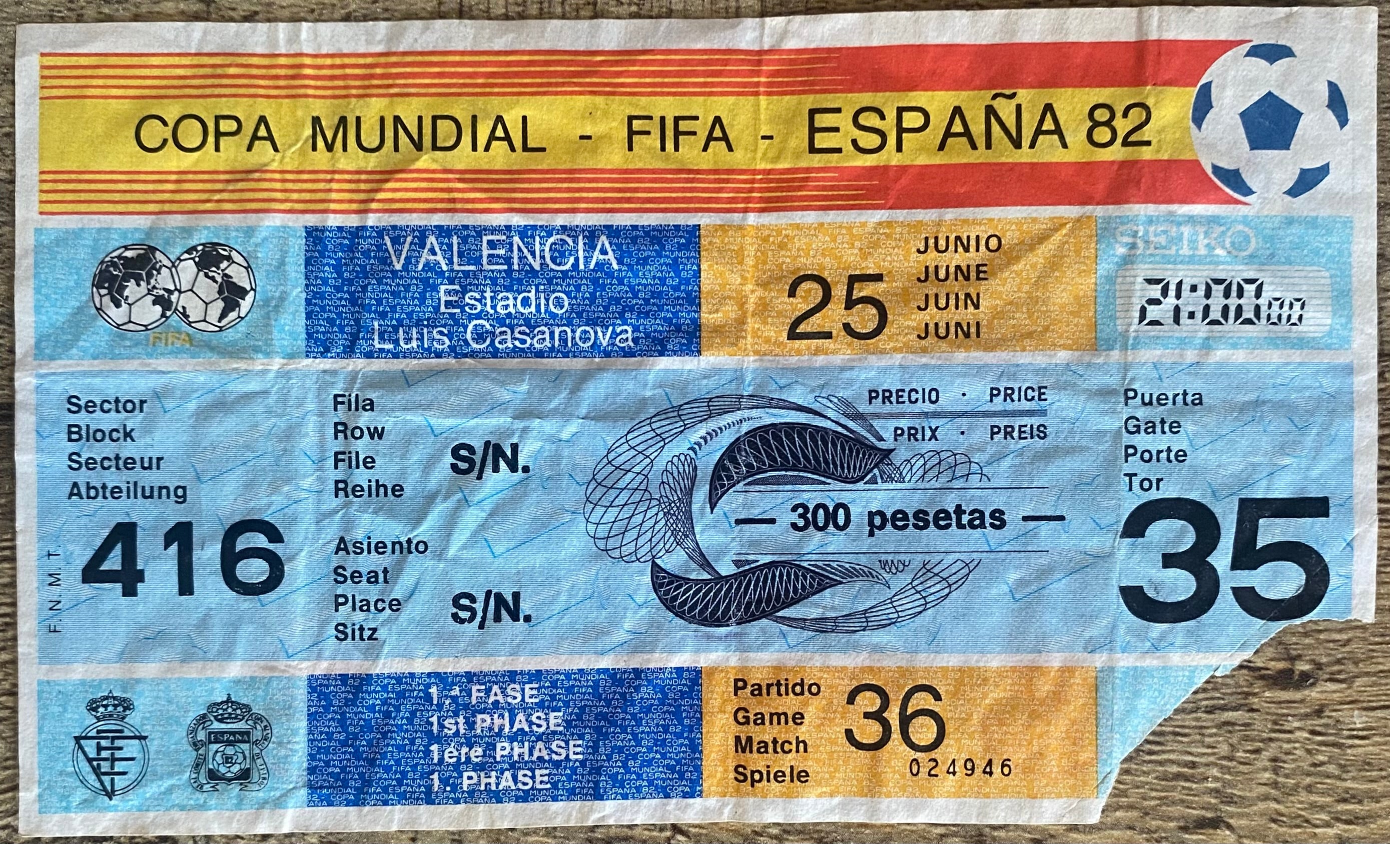 1982 ORIGINAL WORLD CUP 1ST ROUND TICKET SPAIN V NORTHERN IRELAND @ VALENCIA