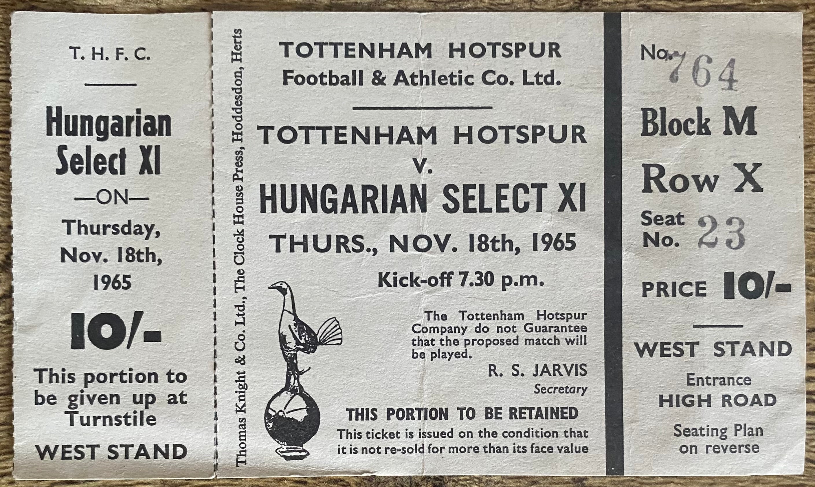 1965/66 ORIGINAL FRIENDLY UNUSED TICKET TOTTENHAM HOTSPUR V HUNGARIAN SELECT XI