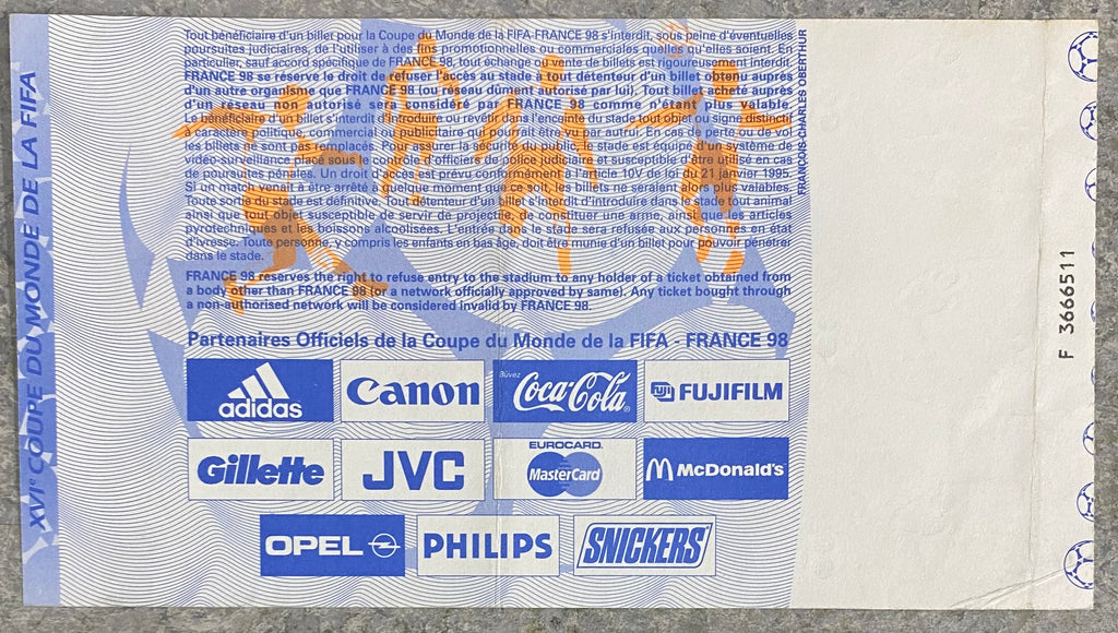 1998 ORIGINAL WORLD CUP FINAL TICKET FRANCE V BRAZIL @ PARIS