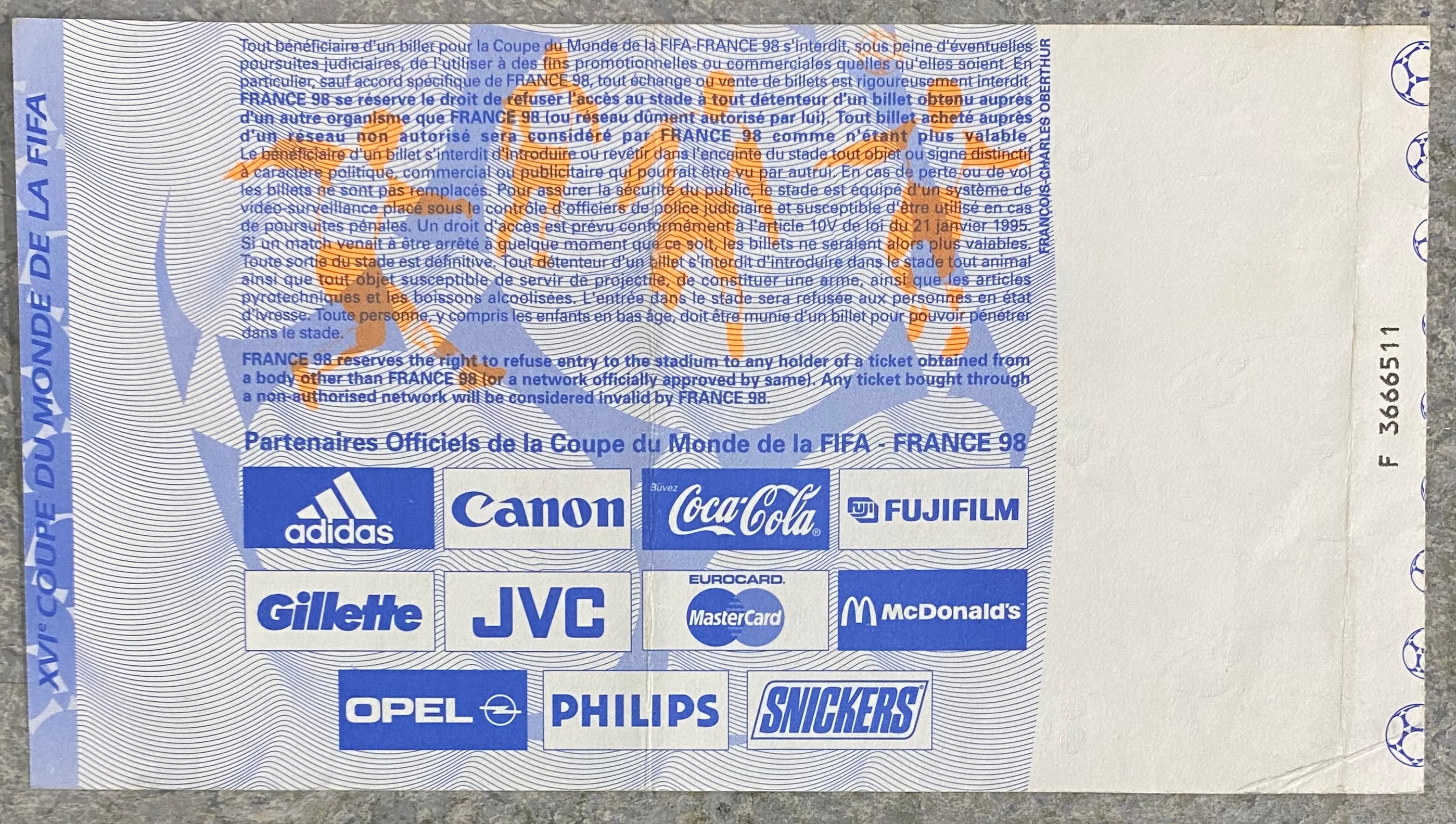 1998 ORIGINAL WORLD CUP FINAL TICKET FRANCE V BRAZIL @ PARIS