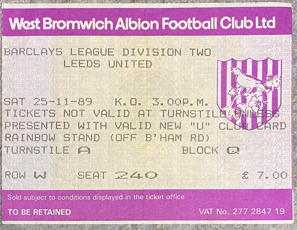 1989/90 ORIGINAL DIVISION TWO TICKET WEST BROMWICH ALBION V LEEDS UNITED