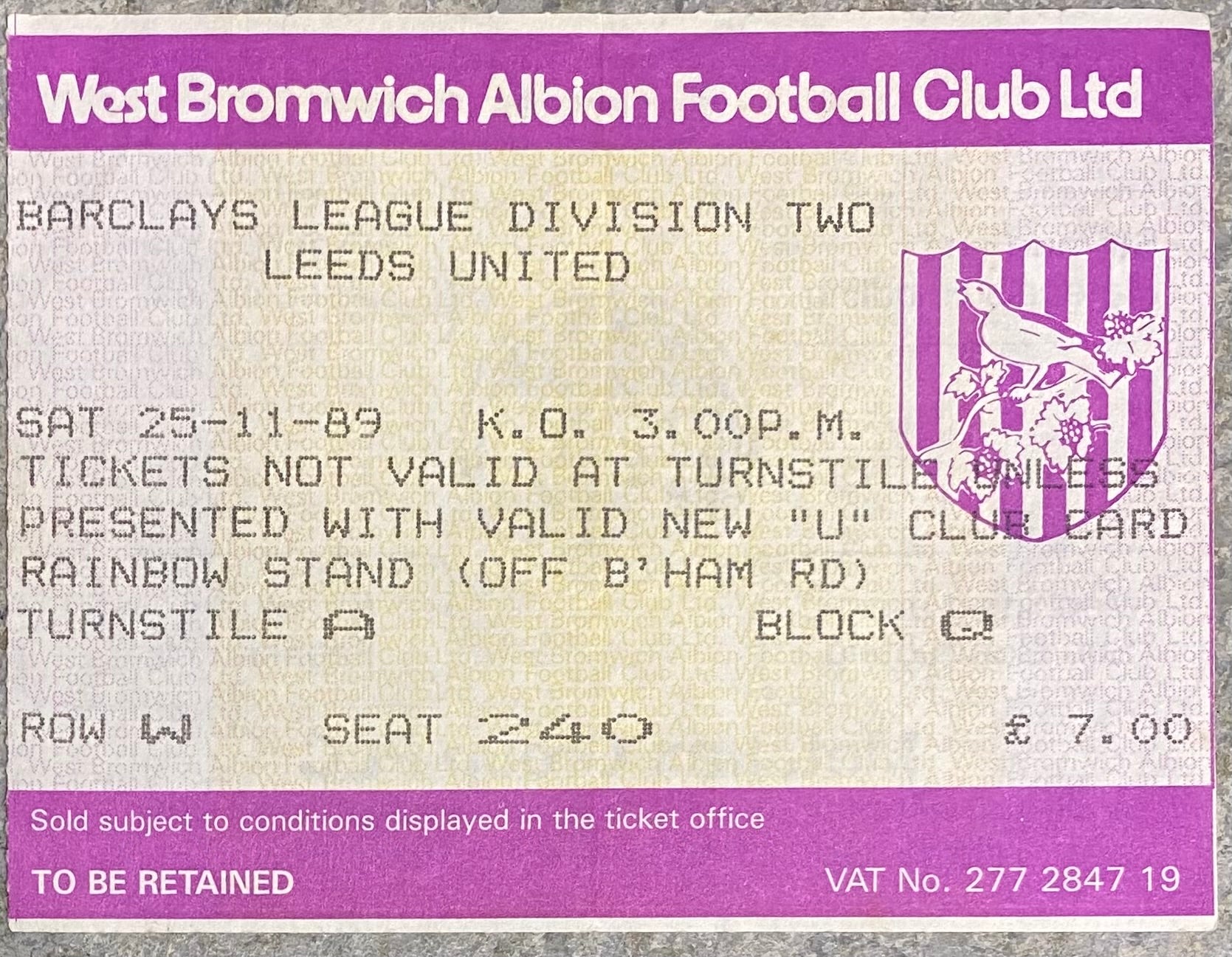 1989/90 ORIGINAL DIVISION TWO TICKET WEST BROMWICH ALBION V LEEDS UNITED
