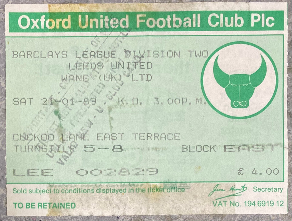 1988/89 ORIGINAL DIVISION TWO TICKET OXFORD UNITED V LEEDS UNITED