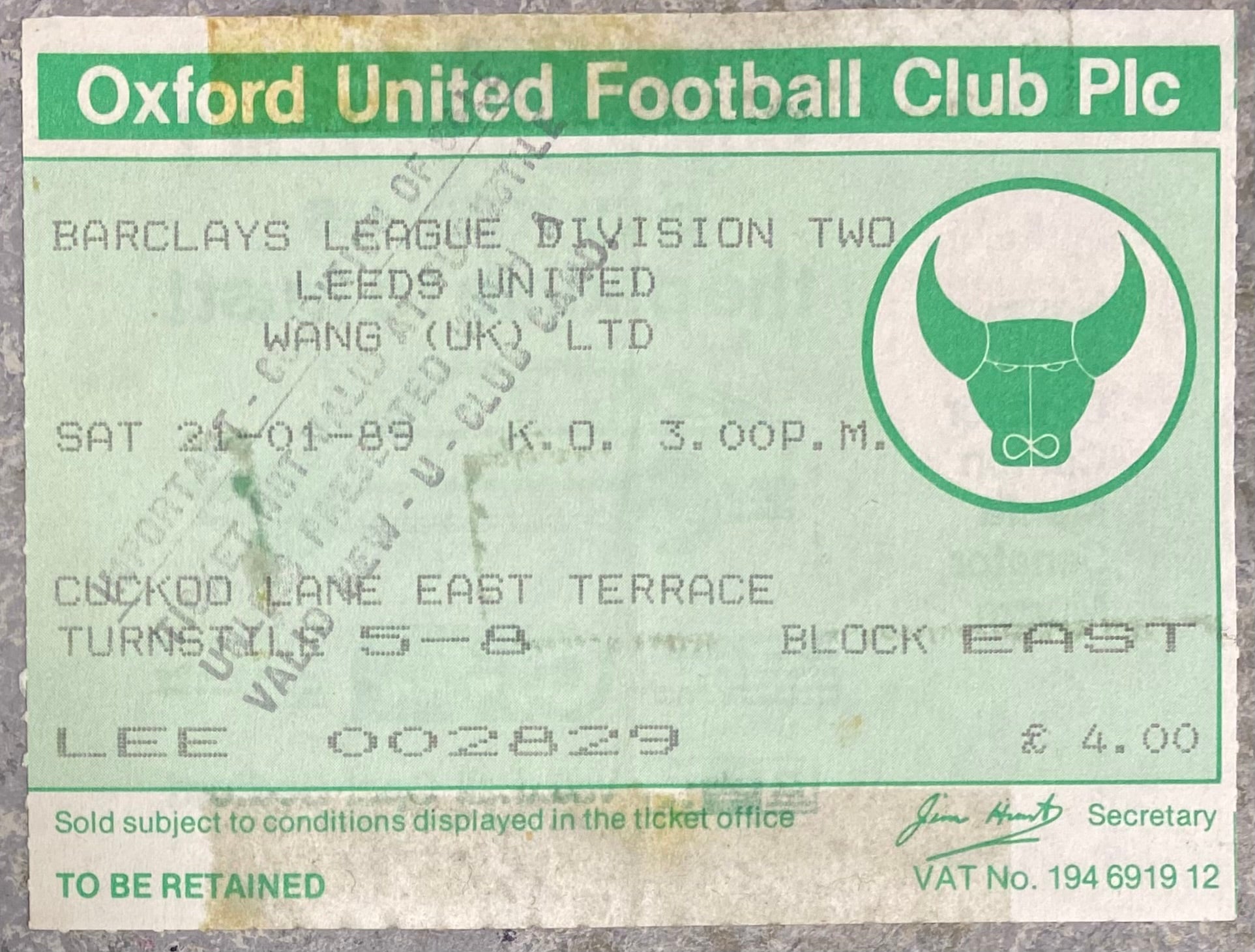 1988/89 ORIGINAL DIVISION TWO TICKET OXFORD UNITED V LEEDS UNITED
