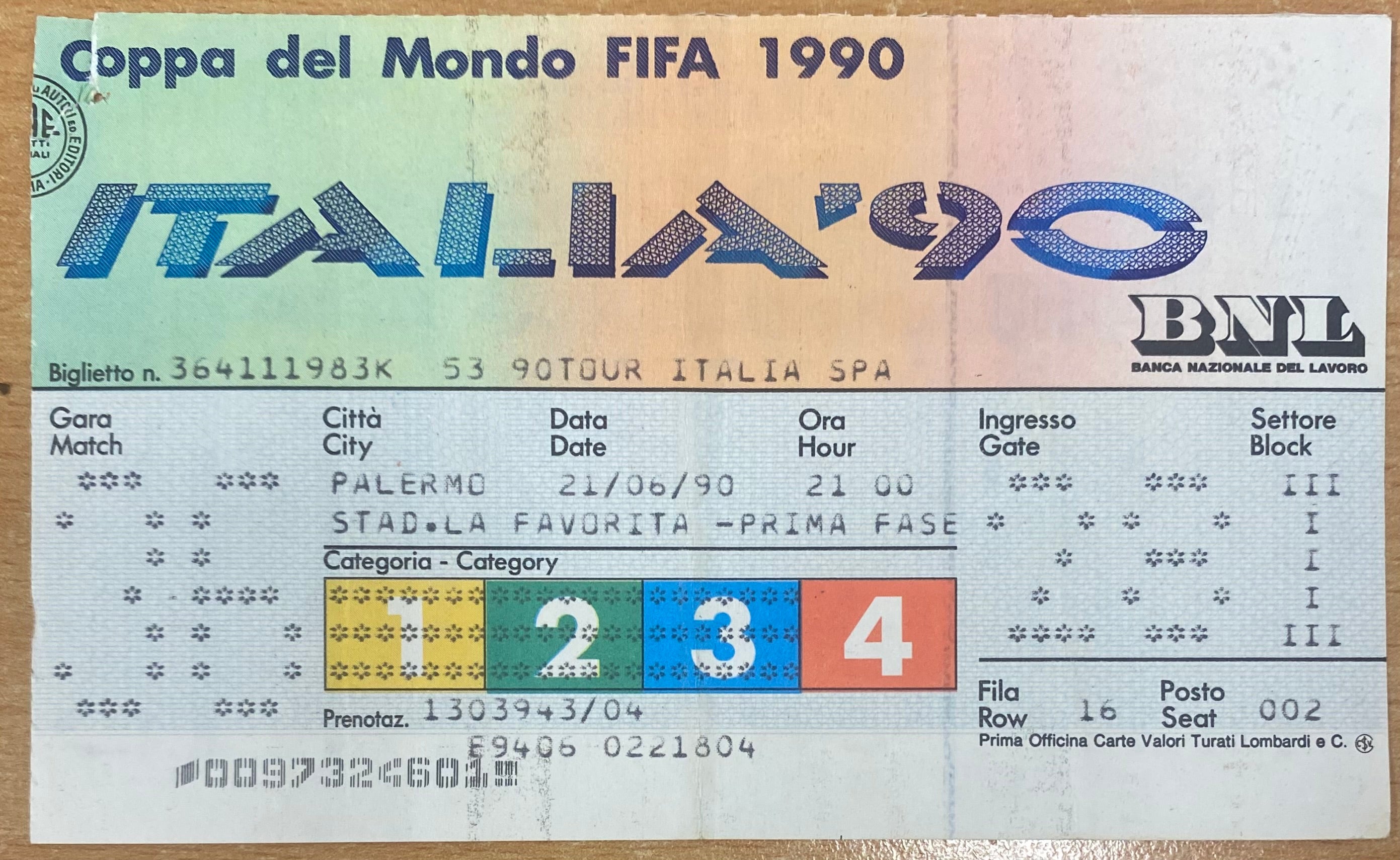 1990 ORIGINAL WORLD CUP 1ST ROUND TICKET REPUBLIC OF IRELAND V NETHERLANDS @ PALERMO