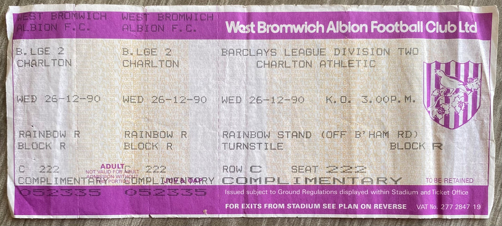 1990/91 ORIGINAL DIVISION 2 UNUSED TICKET WEST BROMWICH ALBION V CHARLTON ATHLETIC