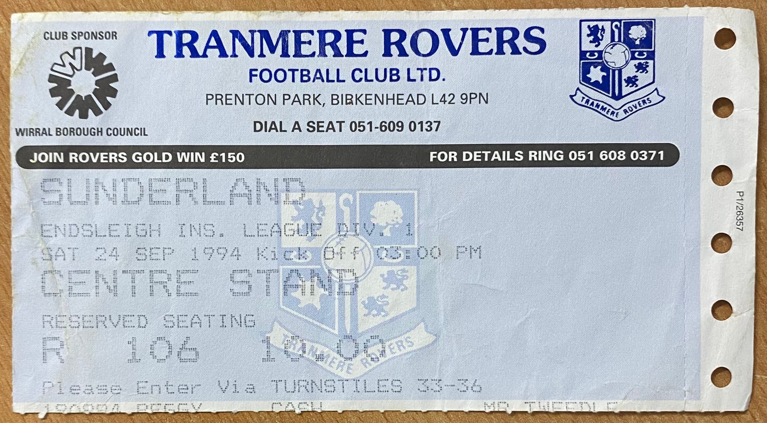 1994/95 ORIGINAL DIVISION 1 TICKET TRANMERE ROVERS V SUNDERLAND