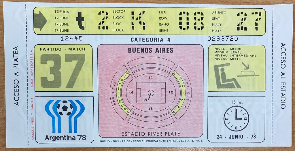 1978 ORIGINAL WORLD CUP 3RD PLACE PLAY OFF UNUSED TICKET ITALY V BRAZIL @ BUENOS ARIES