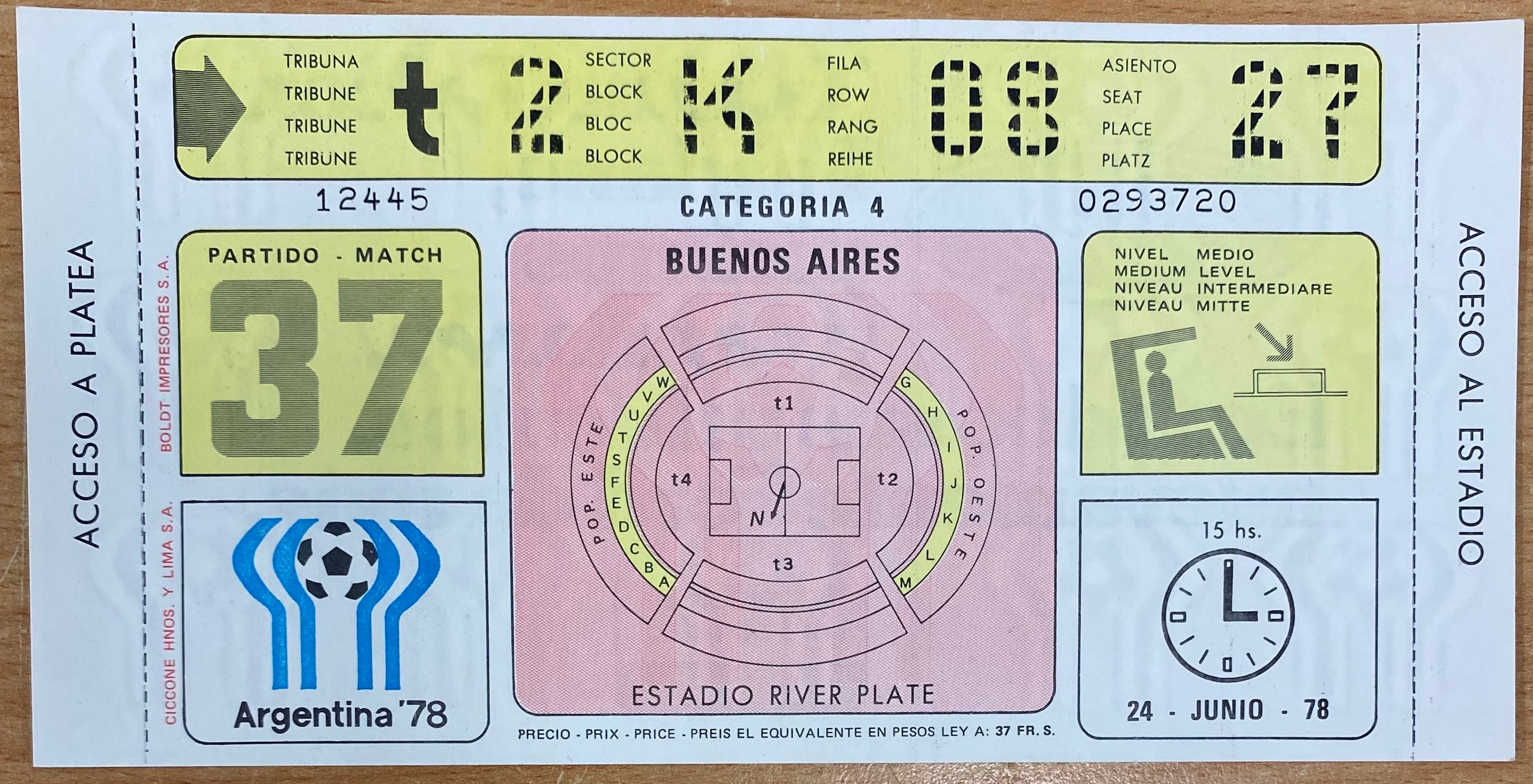 1978 ORIGINAL WORLD CUP 3RD PLACE PLAY OFF UNUSED TICKET ITALY V BRAZIL @ BUENOS ARIES